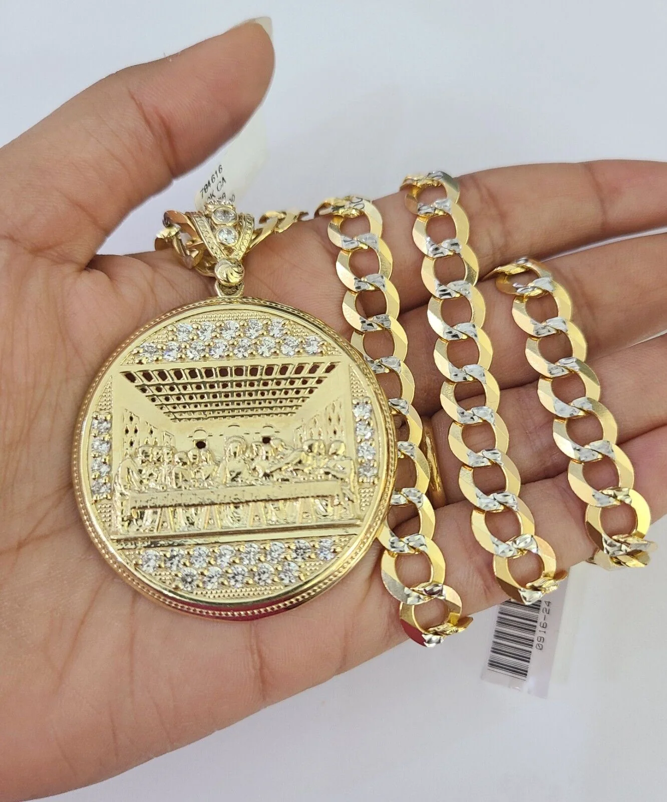 10k Gold Chain Last Supper Charm Solid Cuban Curb Necklace 9mm 20"-30" SET - Image 4
