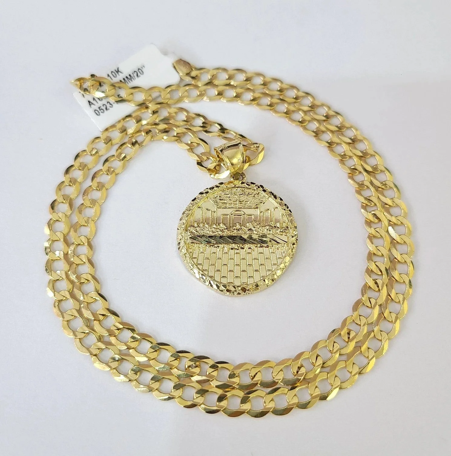 10k Gold Chain Last Supper Nugget Pendant Cuban Curb Link 5mm 18"-28" Inch SET - Image 4