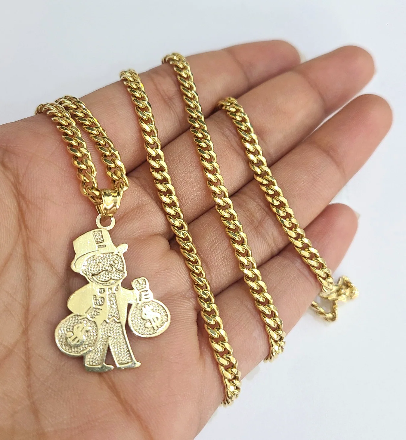 10k Gold Chain Miami Cuban Grandpa Money Bag Charm Set 4mm 18"28" Necklace - Image 3