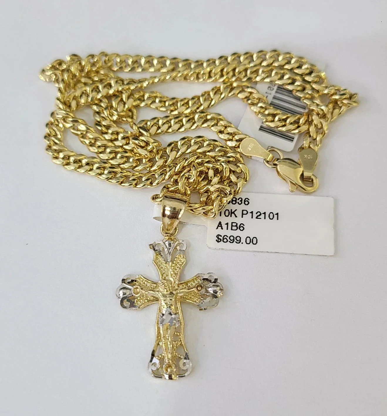 10k Gold Chain Miami Cuban Jesus Cross Charm Pendant Set 4mm 18"-28" Necklace - Image 2