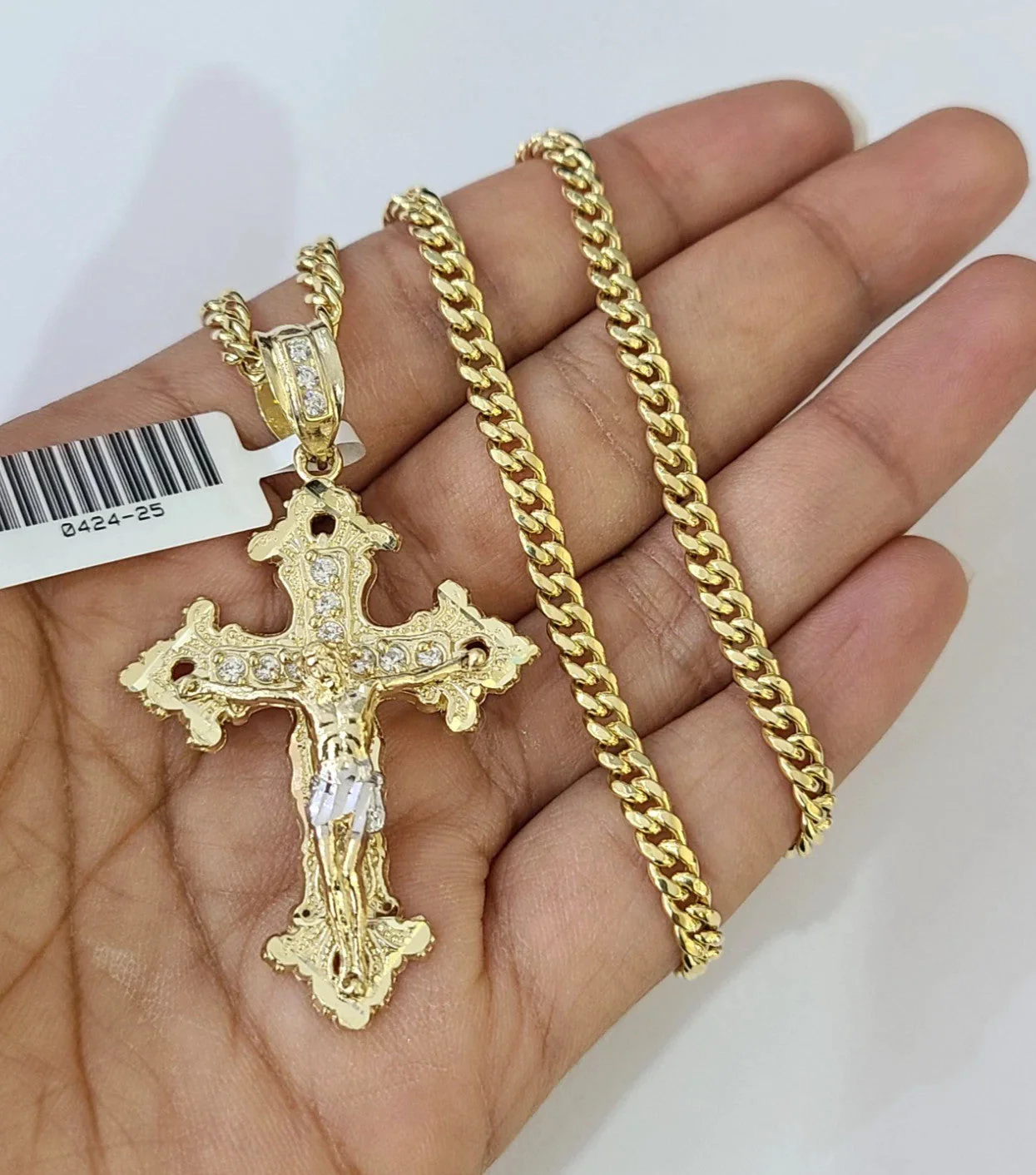 10k Gold Chain Miami Cuban Jesus Cross Charm Pendant Set 4mm 18"-28" Necklace