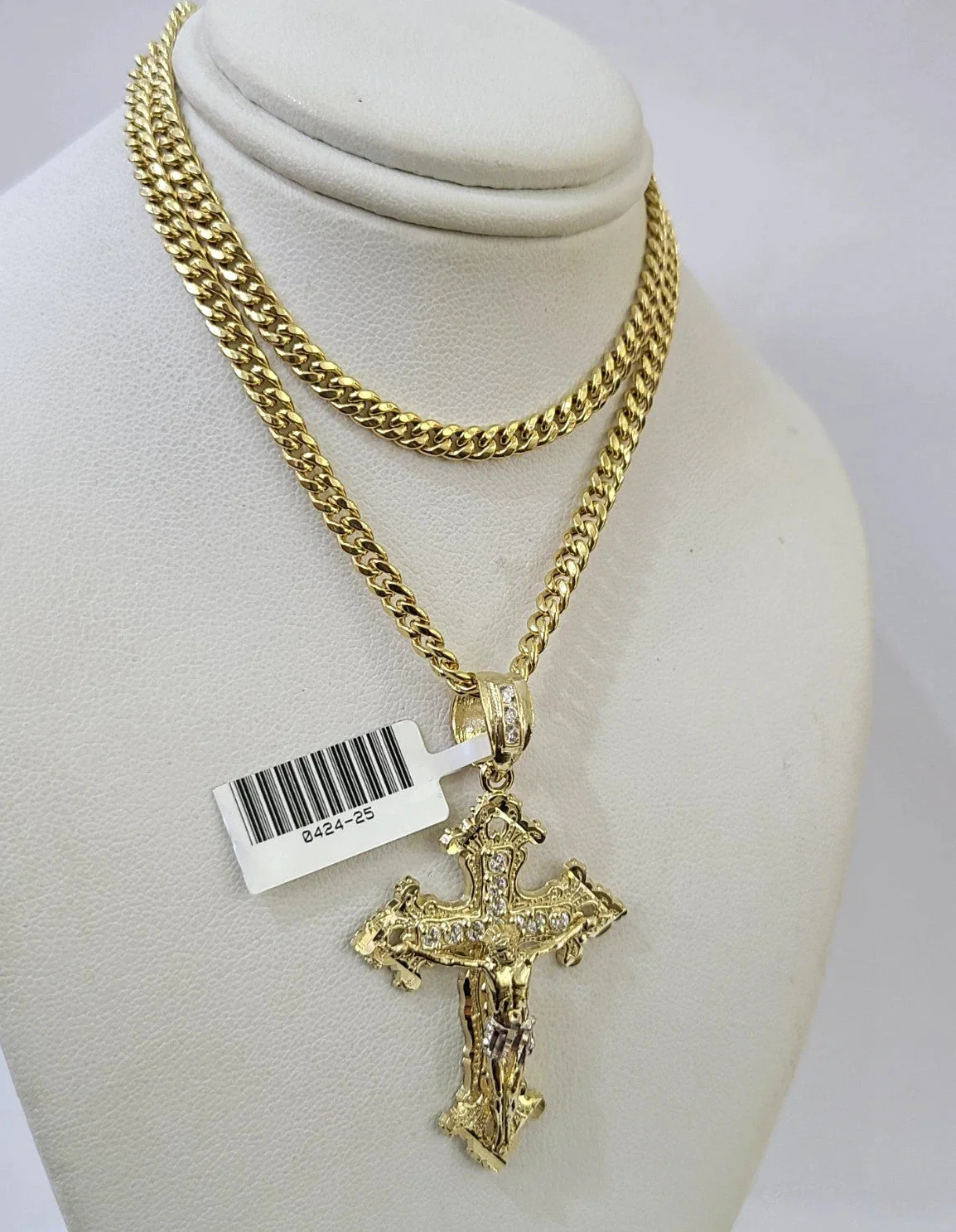 10k Gold Chain Miami Cuban Jesus Cross Charm Pendant Set 4mm 18"-28" Necklace - Image 6