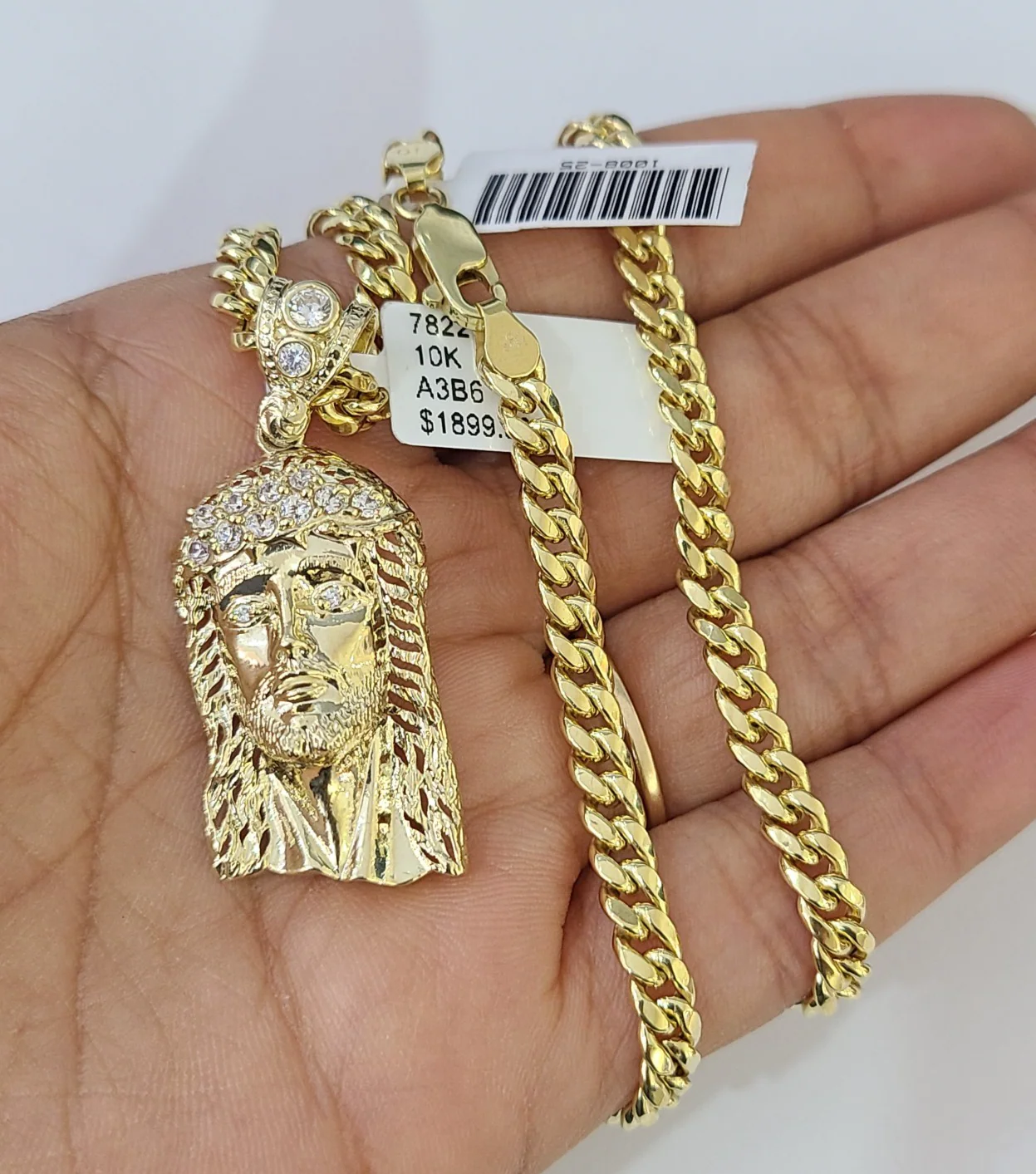 10k Gold Chain Miami Cuban Jesus Head Charm Pendant Set 4mm 18"-28" Necklace