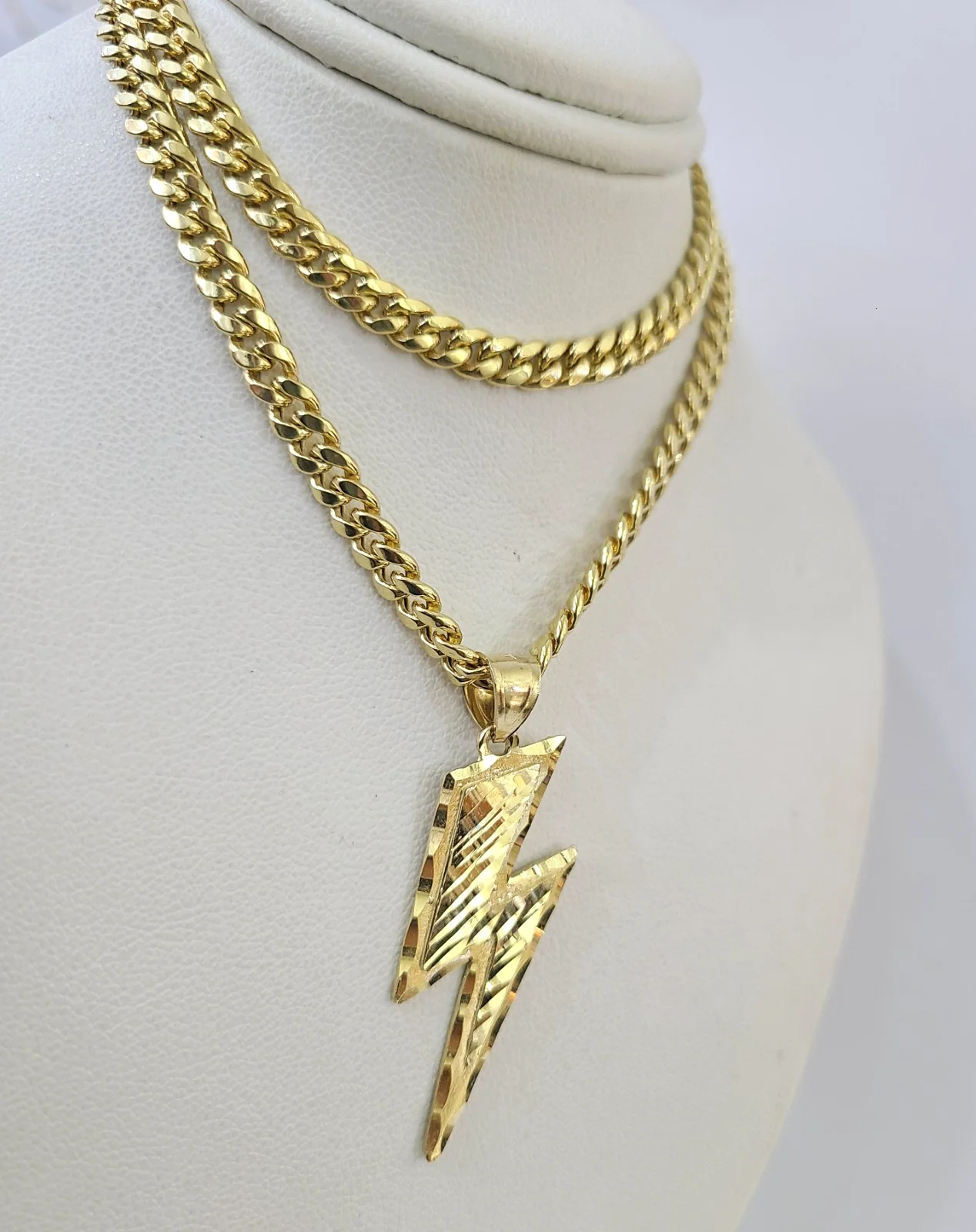10k Gold Chain Miami Cuban Lightning Bolt Charm Pendant Set 4mm 18"-28" Necklace - Image 2