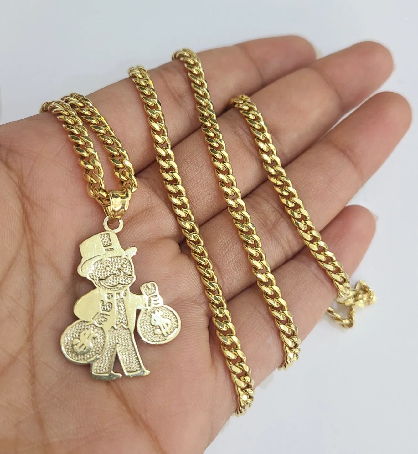 10k Gold Chain Miami Cuban Necklace Grandpa Money Bag Pendant Set 4mm 18"-28" - Image 2