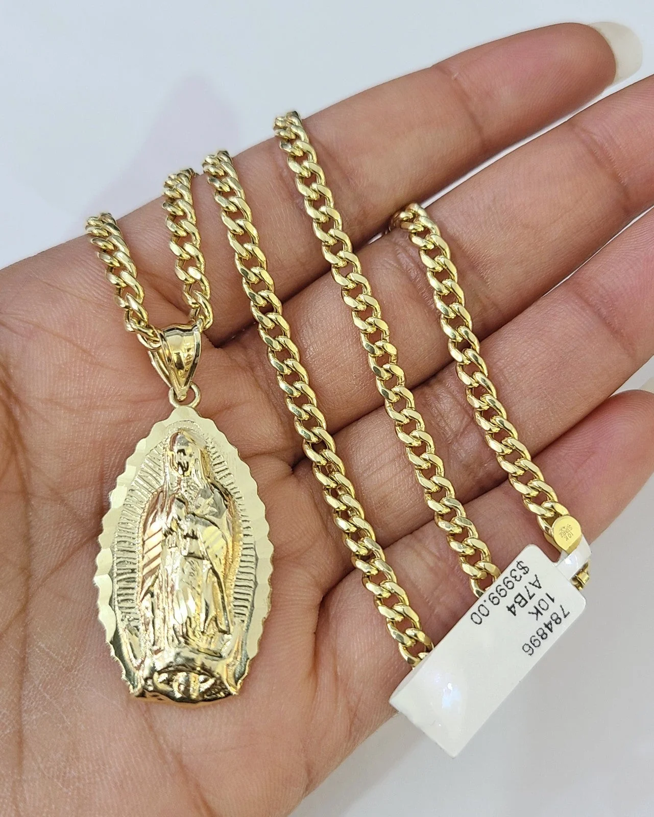 10k Gold Chain Miami Cuban Virgin Mary Charm Pendant Set 3mm 18"-28" Necklace