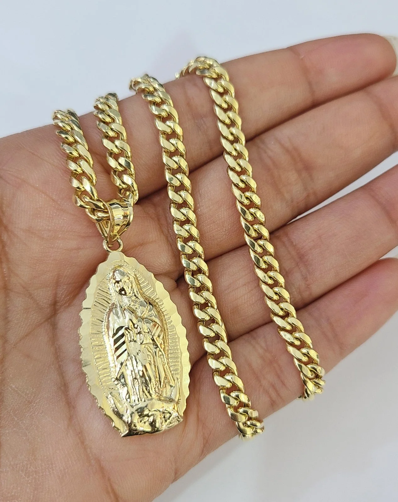 10k Gold Chain Miami Cuban Virgin Mary Charm Pendant Set 4mm 18"-28" Necklace