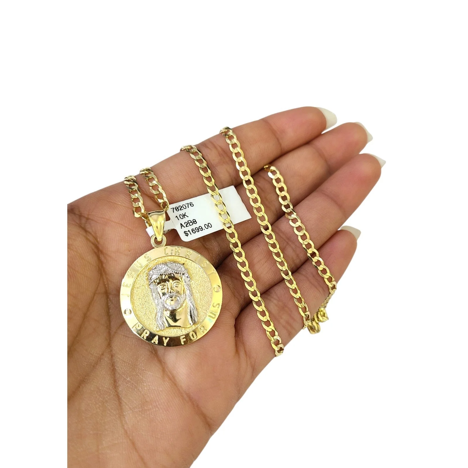 10k Gold Chain Necklace Jesus Christ Charm Pendant Set Cuban Curb 3mm 20"-30"