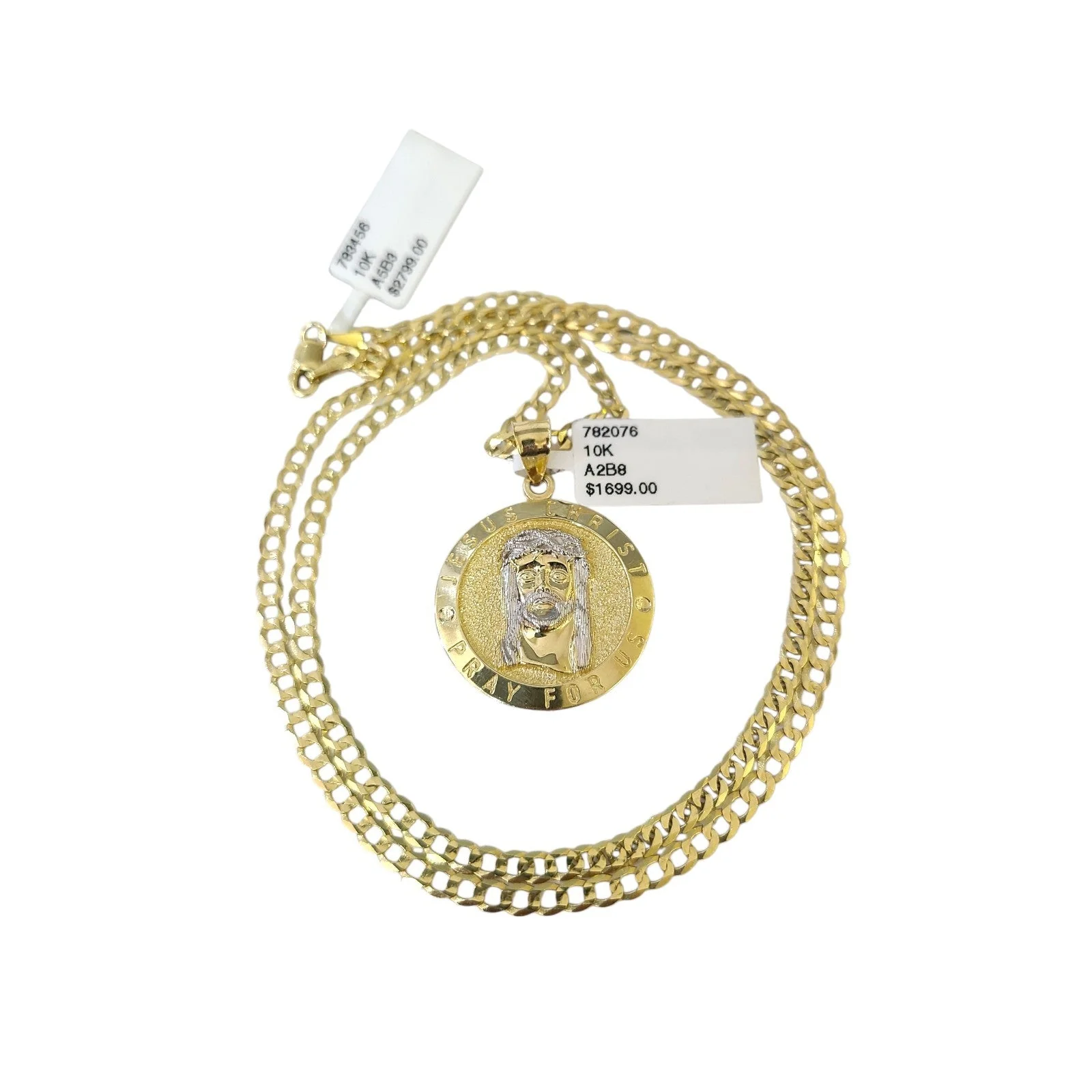 10k Gold Chain Necklace Jesus Christ Charm Pendant Set Cuban Curb 3mm 20"-30" - Image 2