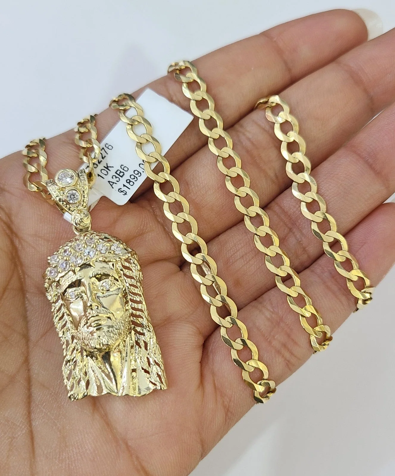 10k Gold Chain Necklace Jesus Head Pendant Set Cuban Curb 5mm 18"-28" Charm
