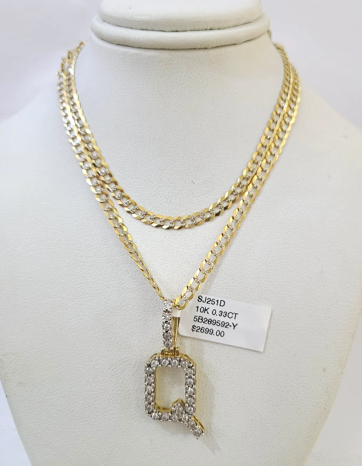 10k Gold Chain Necklace Q Diamond Initial Pendant Set Cuban Curb 3mm 20"-30"