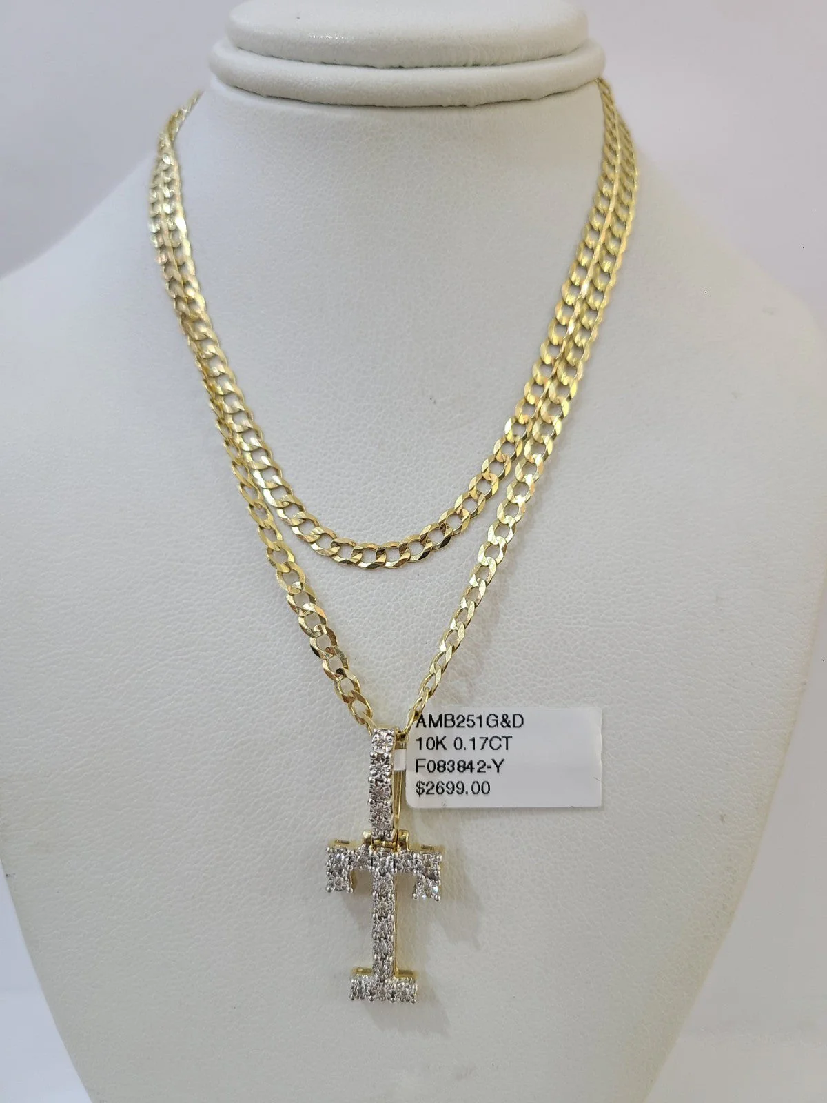10k Gold Chain Necklace T Diamond Initial Pendant Set Cuban Curb 3mm 20"-30" - Image 2