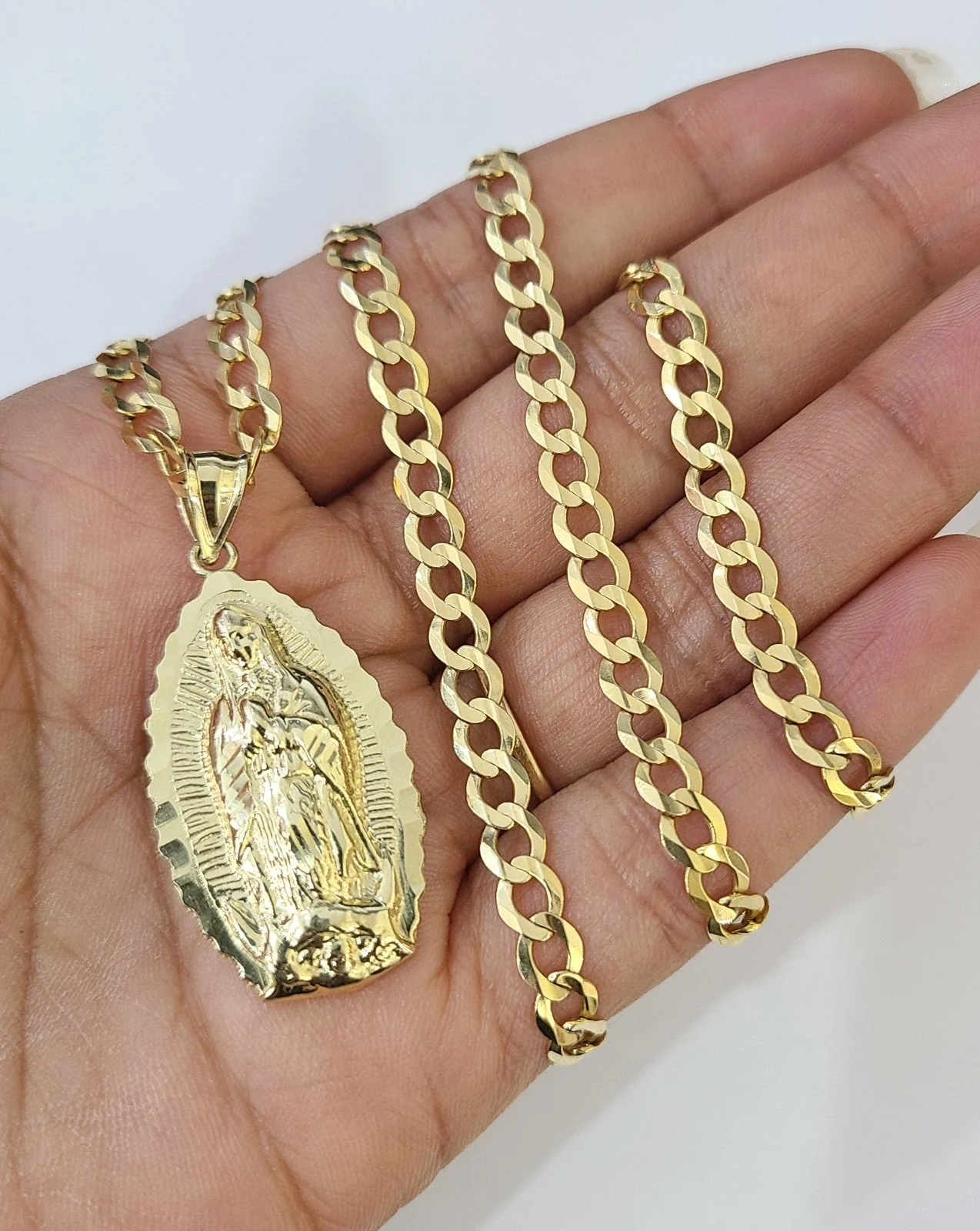10k Gold Chain Necklace Virgin Mary Pendant Set Cuban Curb 4mm 18"-28" Charm - Image 2