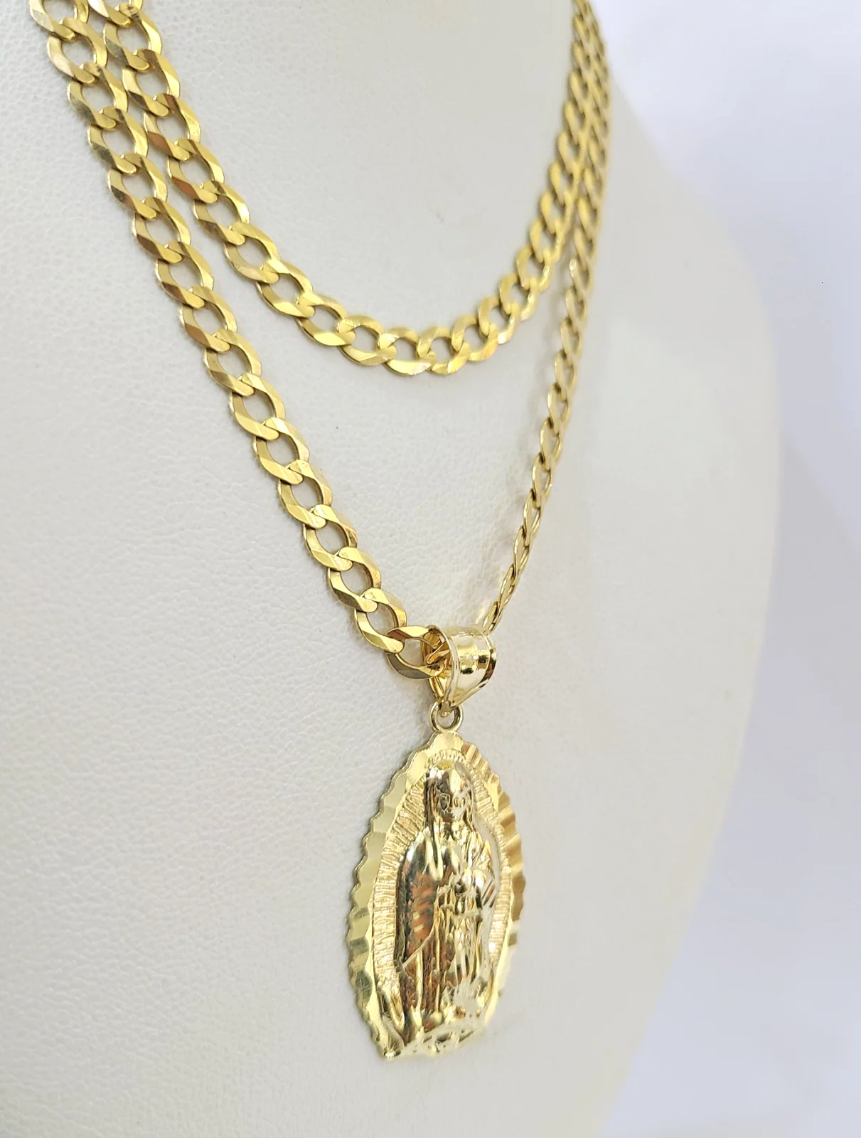 10k Gold Chain Necklace Virgin Mary Pendant Set Cuban Curb 4mm 18"-28" Charm - Image 5