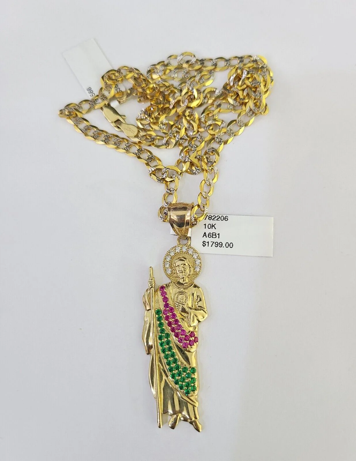 10k Gold Chain Saint Jude Charm Solid Cuban Curb Link 5mm 18"-28" Inch SET - Image 4