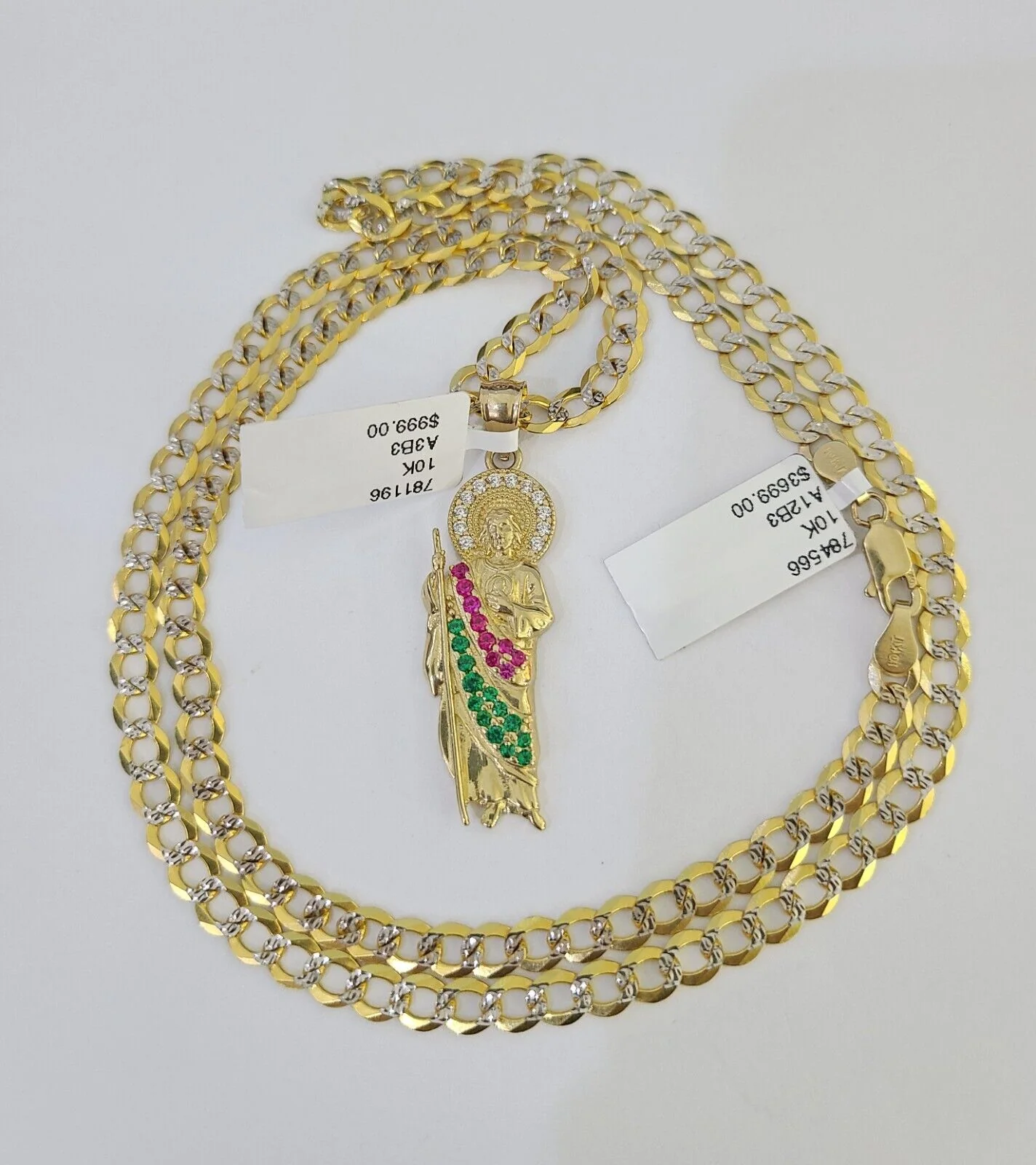 10k Gold Chain Saint Jude Charm Solid Cuban Curb Link 5mm 18"-28" Inch SET