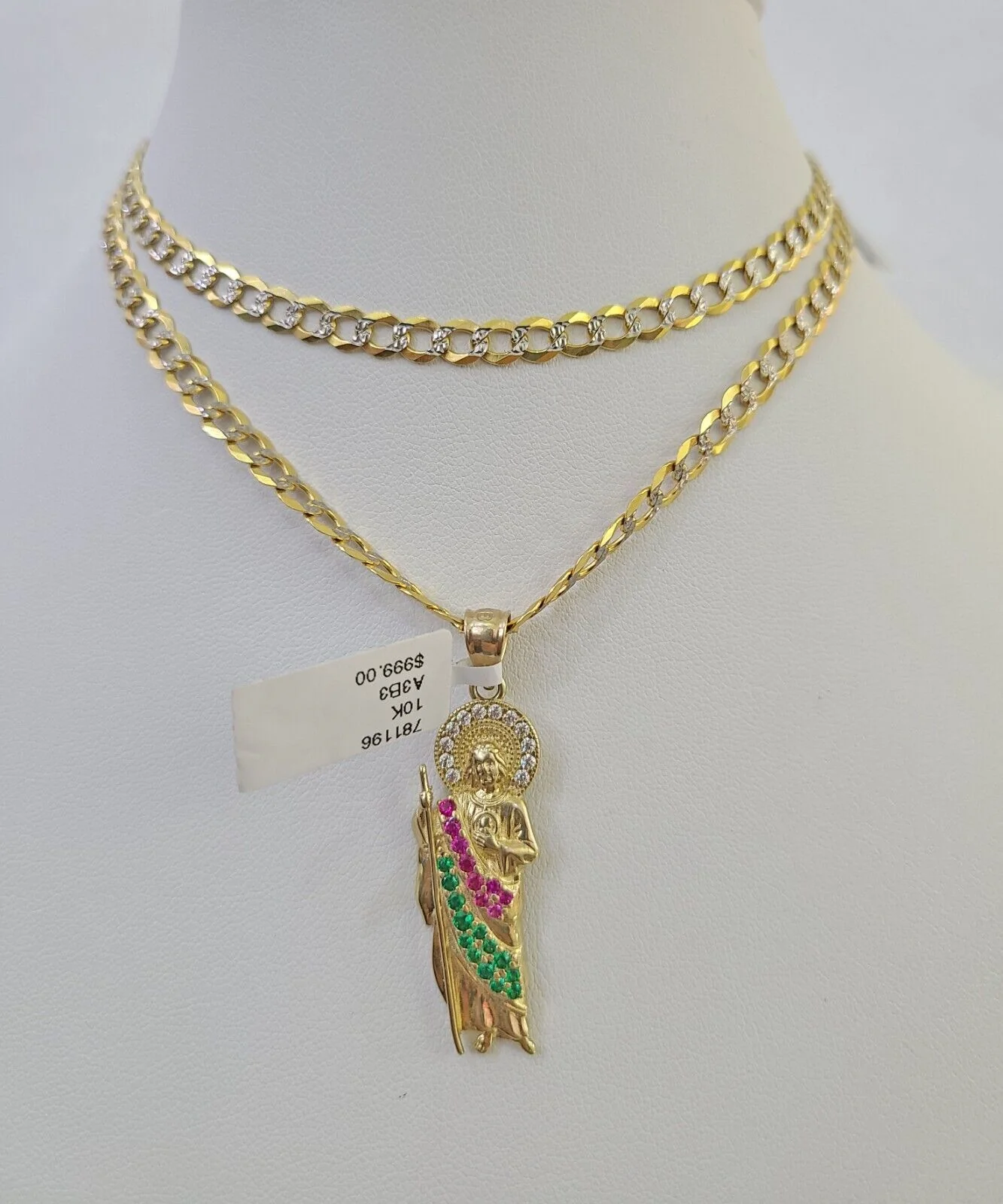 10k Gold Chain Saint Jude Charm Solid Cuban Curb Link 5mm 18"-28" Inch SET - Image 6
