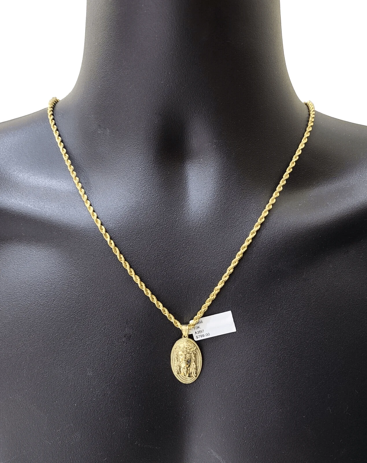 10k Gold Circular Jesus Head Charm Rope Chain Necklace 3mm 22''Set Pendant 10kt