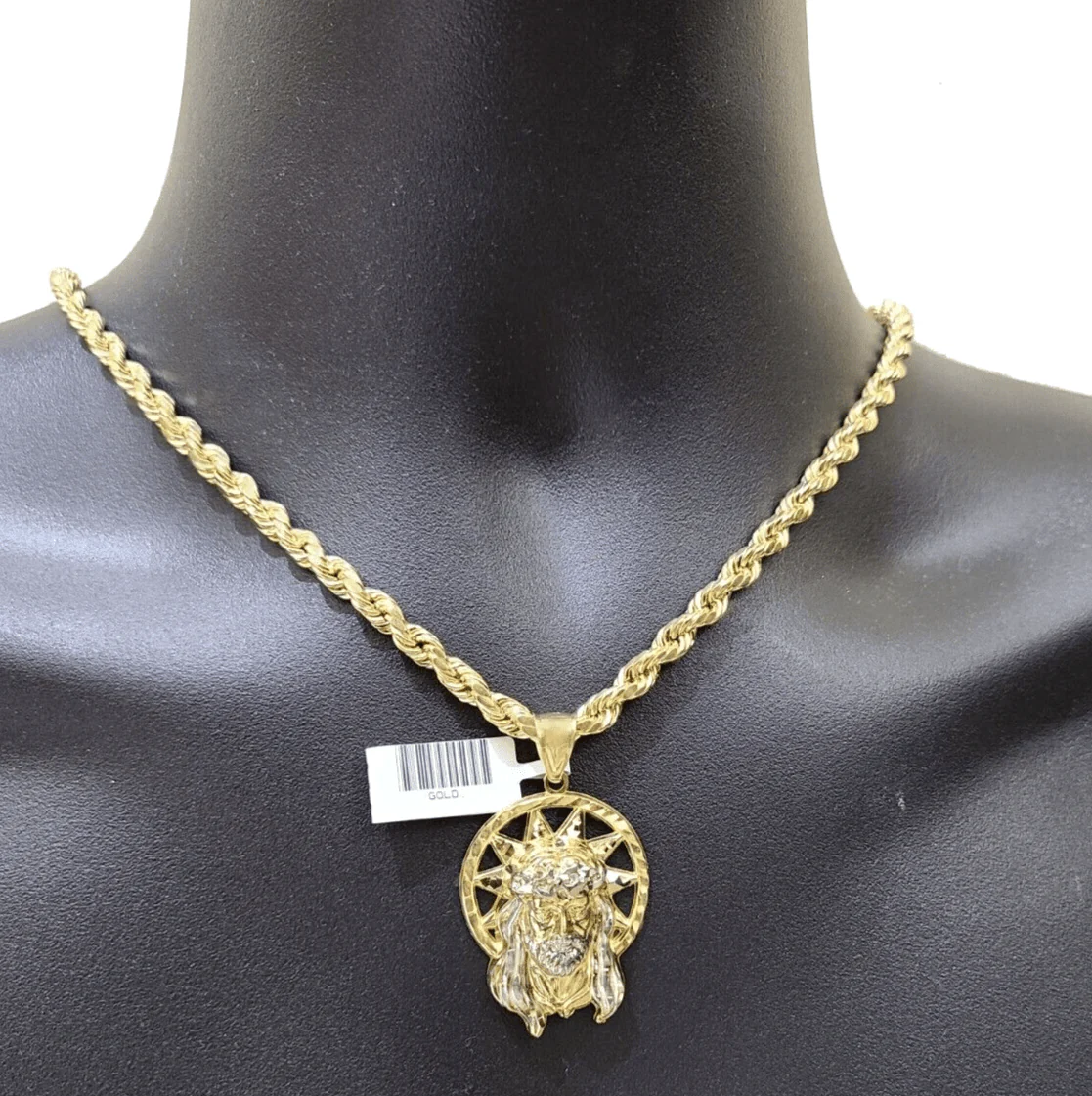 10k Gold Circular Jesus Star Head Charm Rope Chain Necklace 6mm 22'' Set Pendant