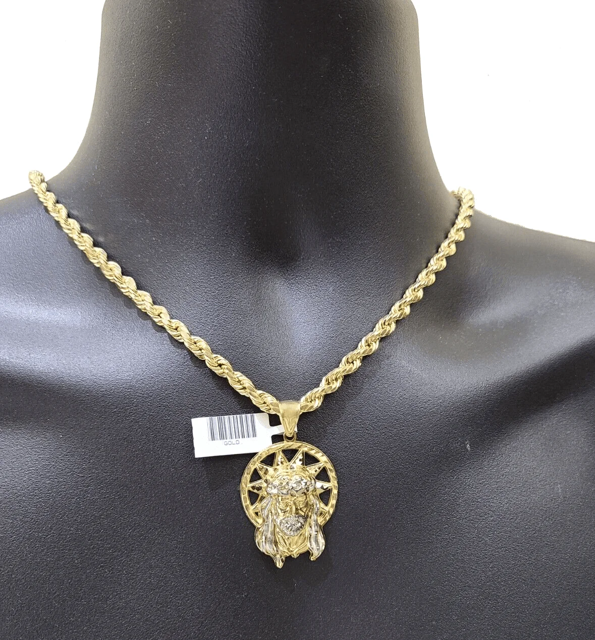 10k Gold Circular Jesus Star Head Charm Rope Chain Necklace 6mm 28'' Set Pendant