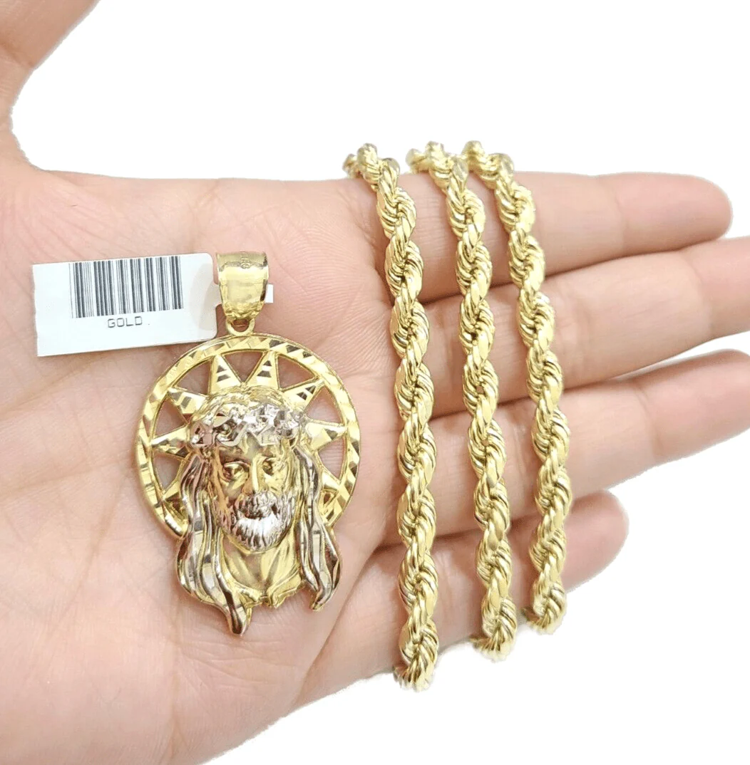 10k Gold Circular Jesus Star Head Charm Rope Chain Necklace 6mm 28'' Set Pendant - Image 5