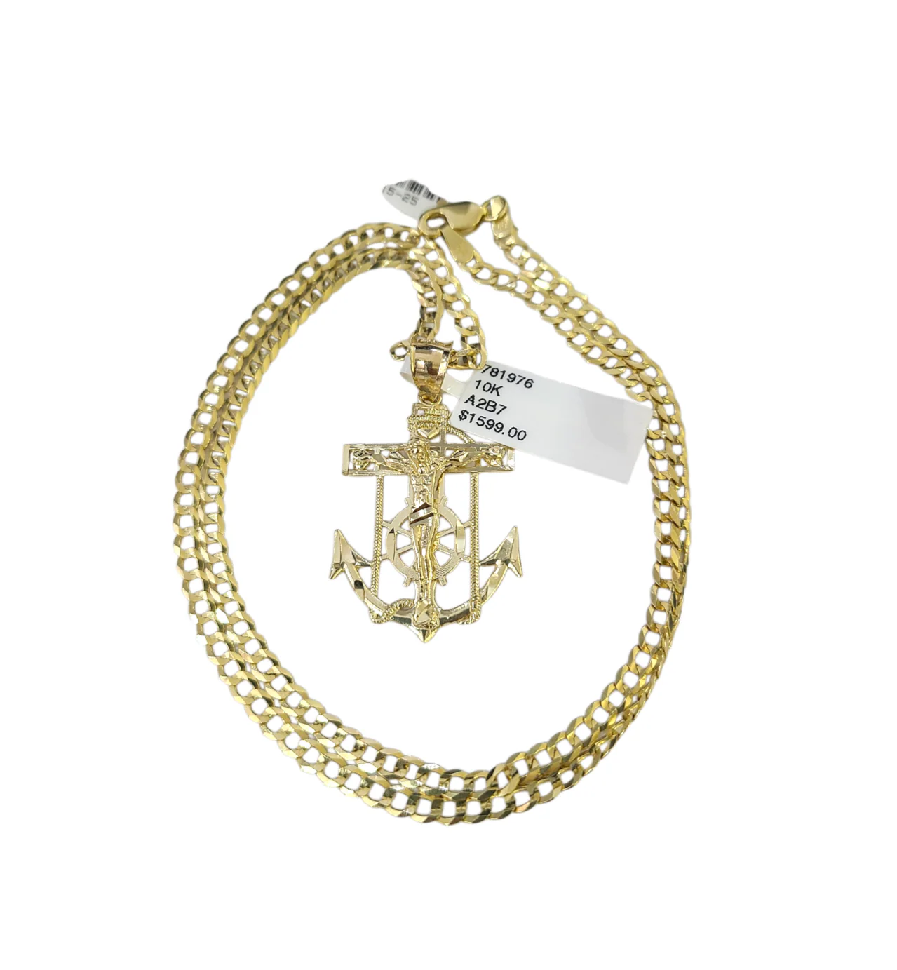 10k Gold Cuban Curb 3mm Chain Necklace Anchor Crucifix Charm Pendant 18"-28"