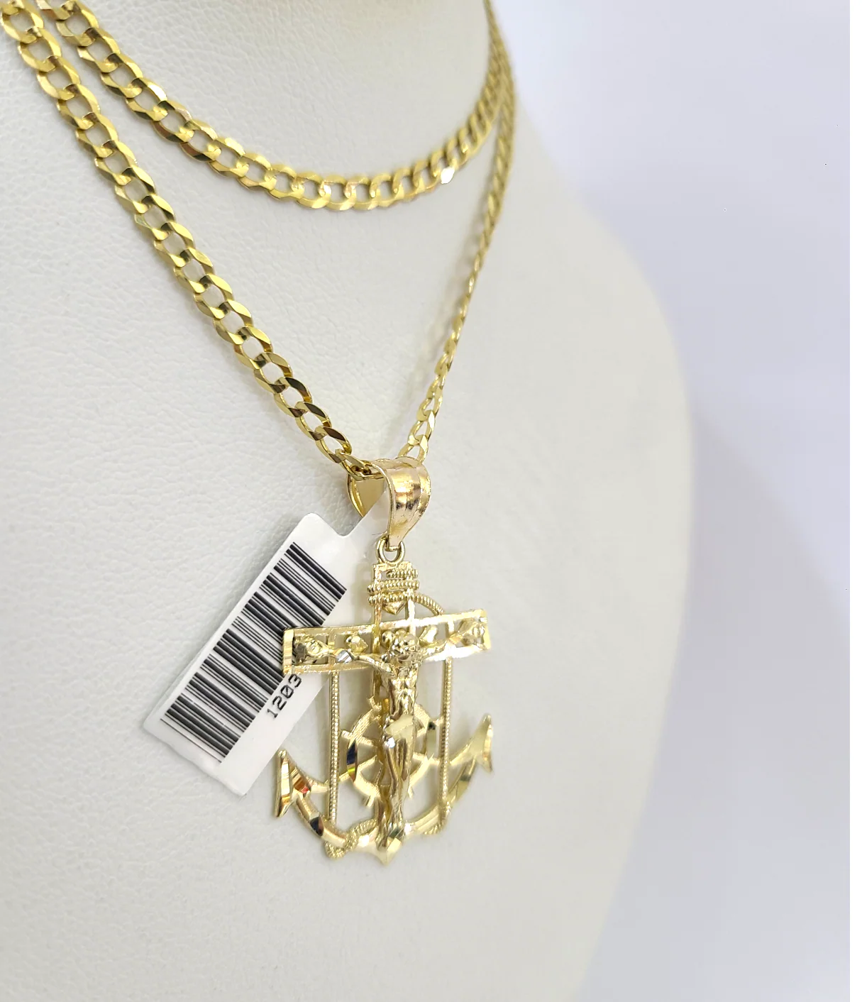 10k Gold Cuban Curb 3mm Chain Necklace Anchor Crucifix Charm Pendant 18"-28" - Image 2