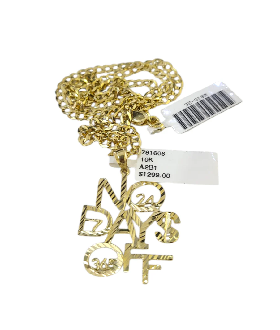10k Gold Cuban Curb 3mm Chain Necklace No Days Off Charm Pendant 18"-28" Set - Image 4