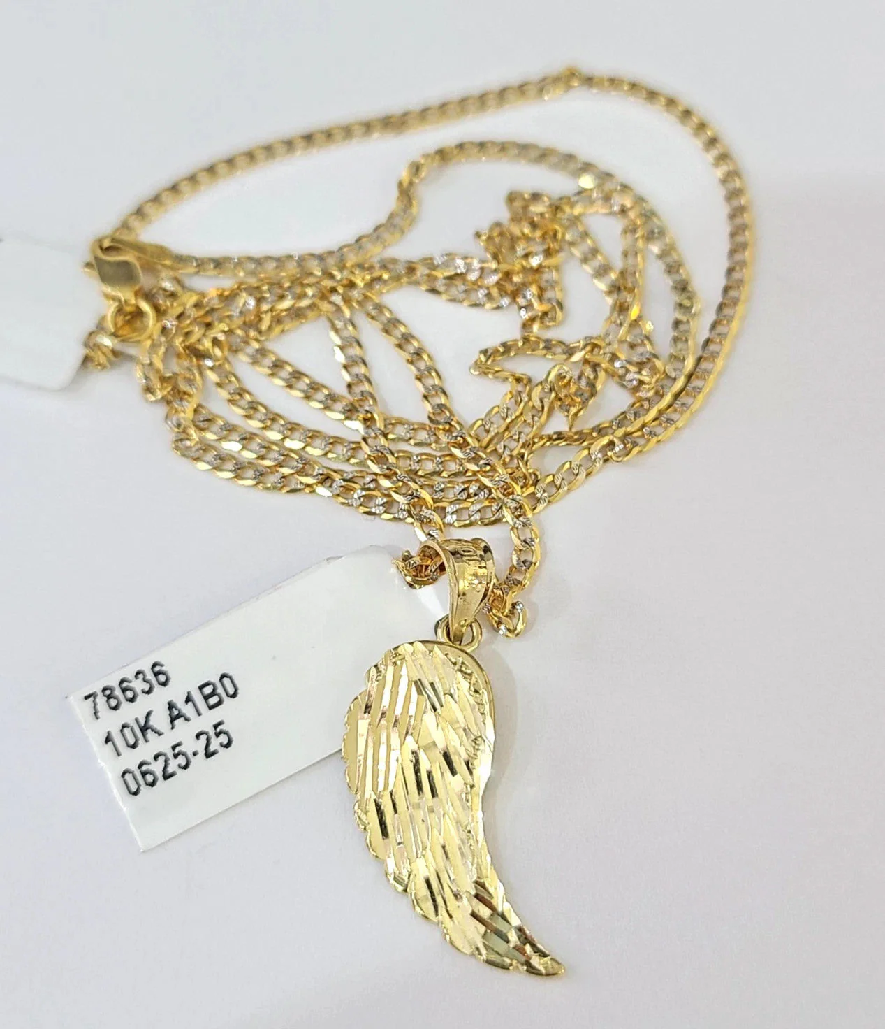10k Gold Cuban Curb Chain Angel Wing Pendant Two Tone Charm Set 2mm Necklace