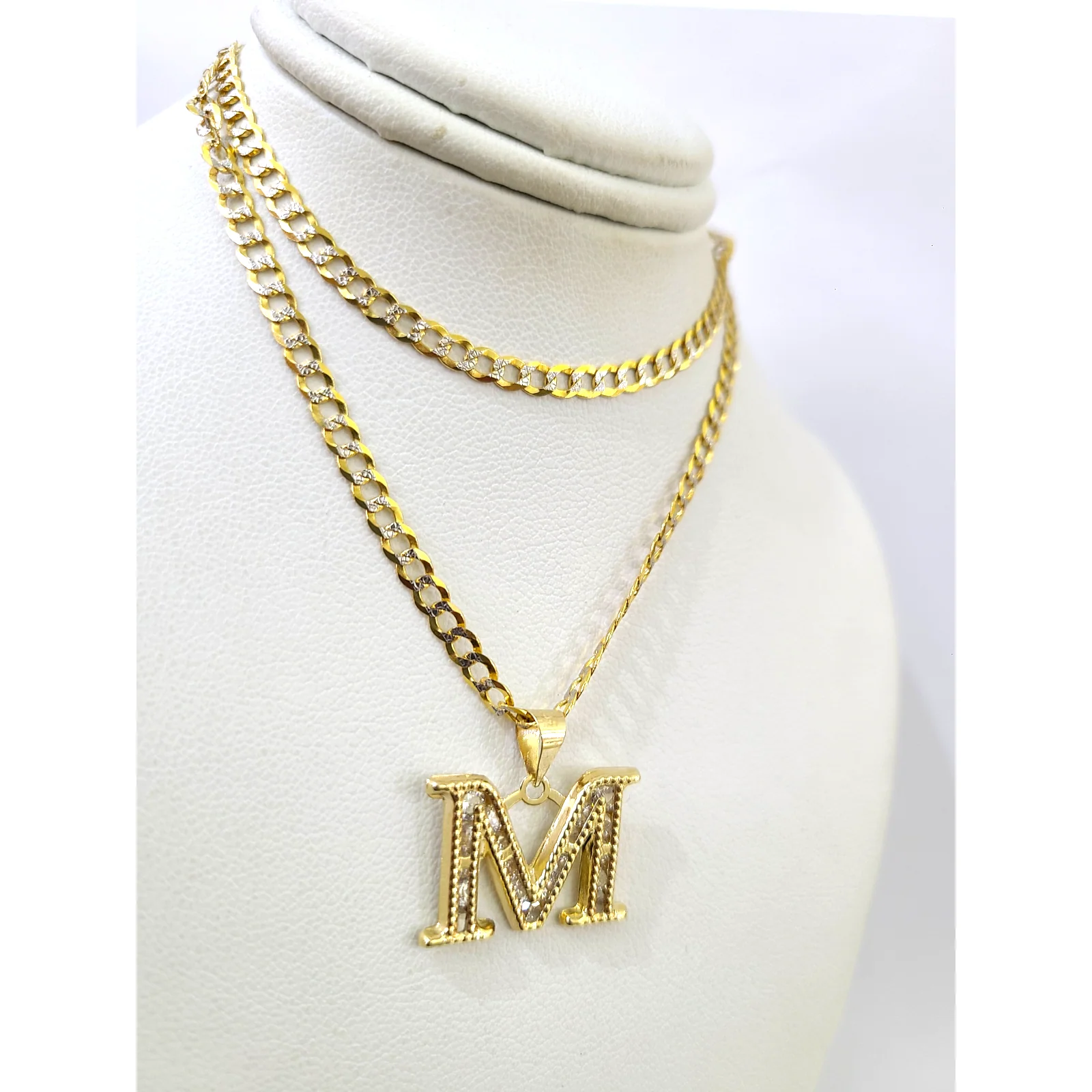 10k Gold Cuban Curb Chain Necklace M Initial Alphabet Pendant Charm 3mm Necklace - Image 2