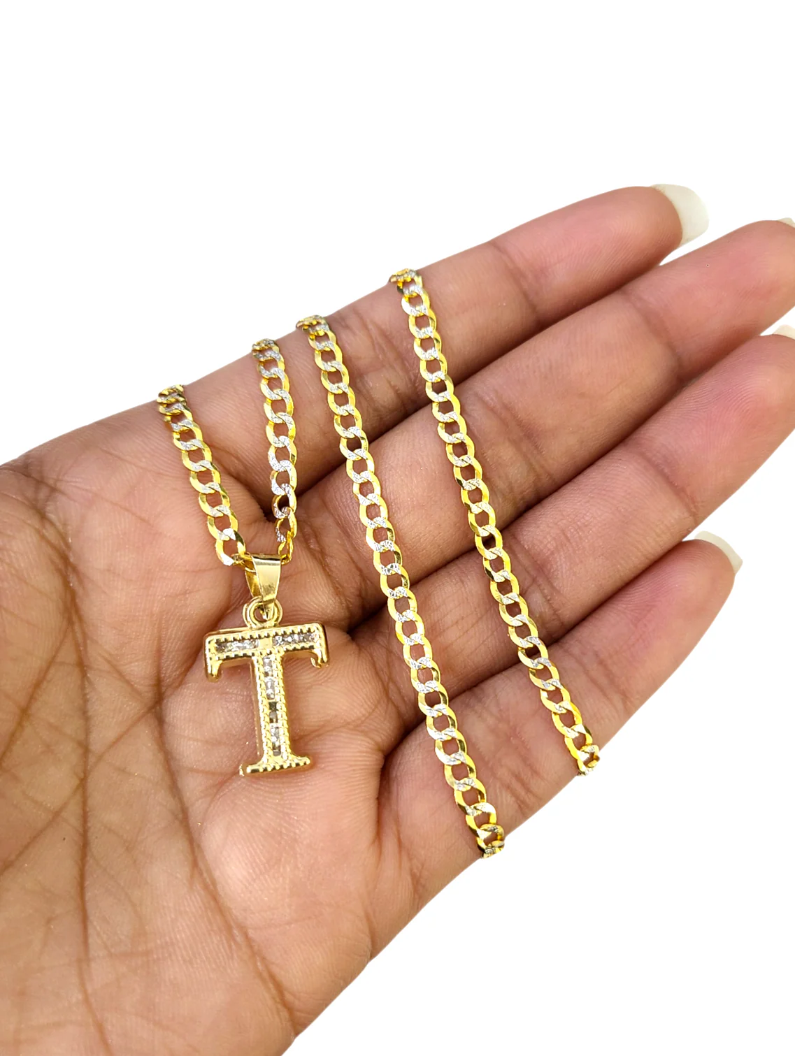 10k Gold Cuban Curb Chain Necklace T Initial Alphabet Pendant Charm 3mm Necklace