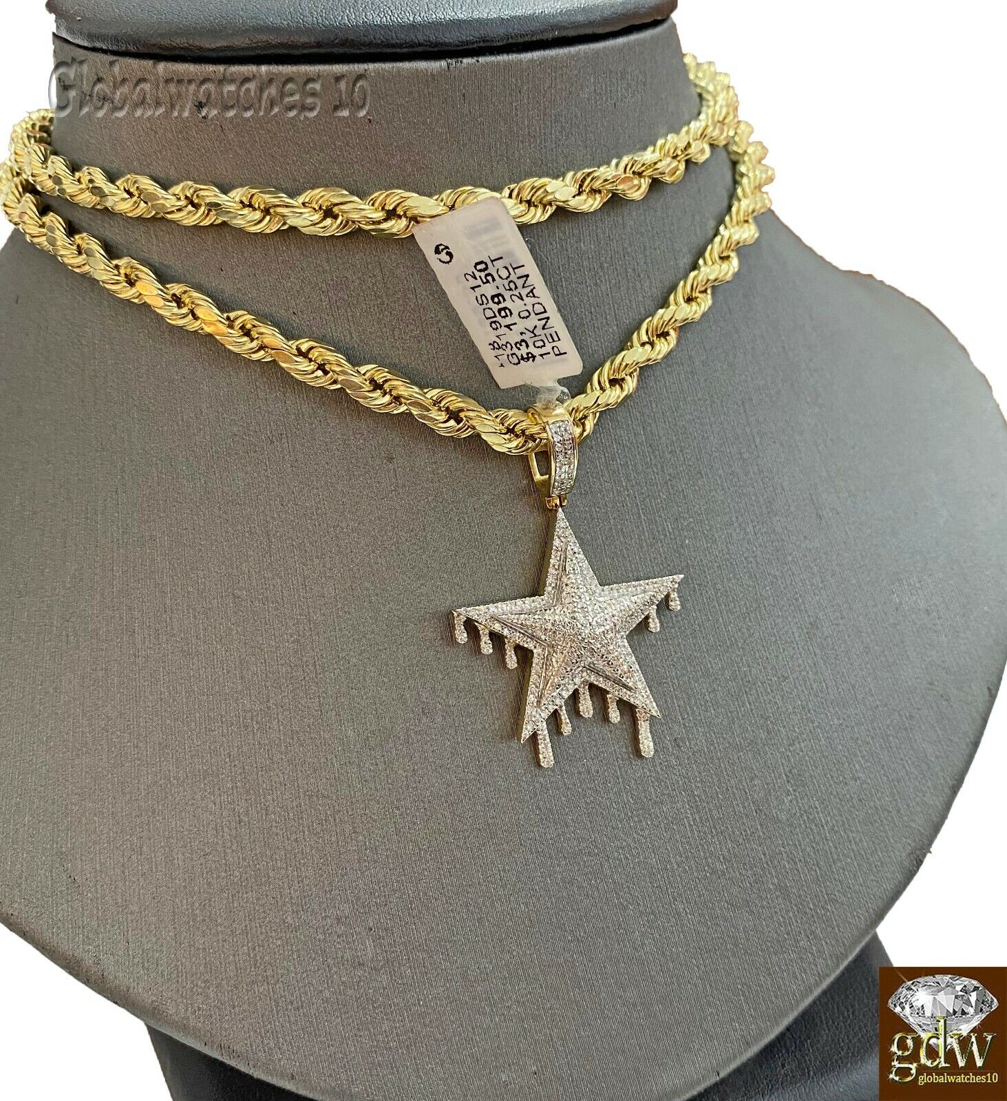10k Gold Diamond Charm with Rope Chain in 20 22 24 26 inch Star Shape Pendant - Image 5