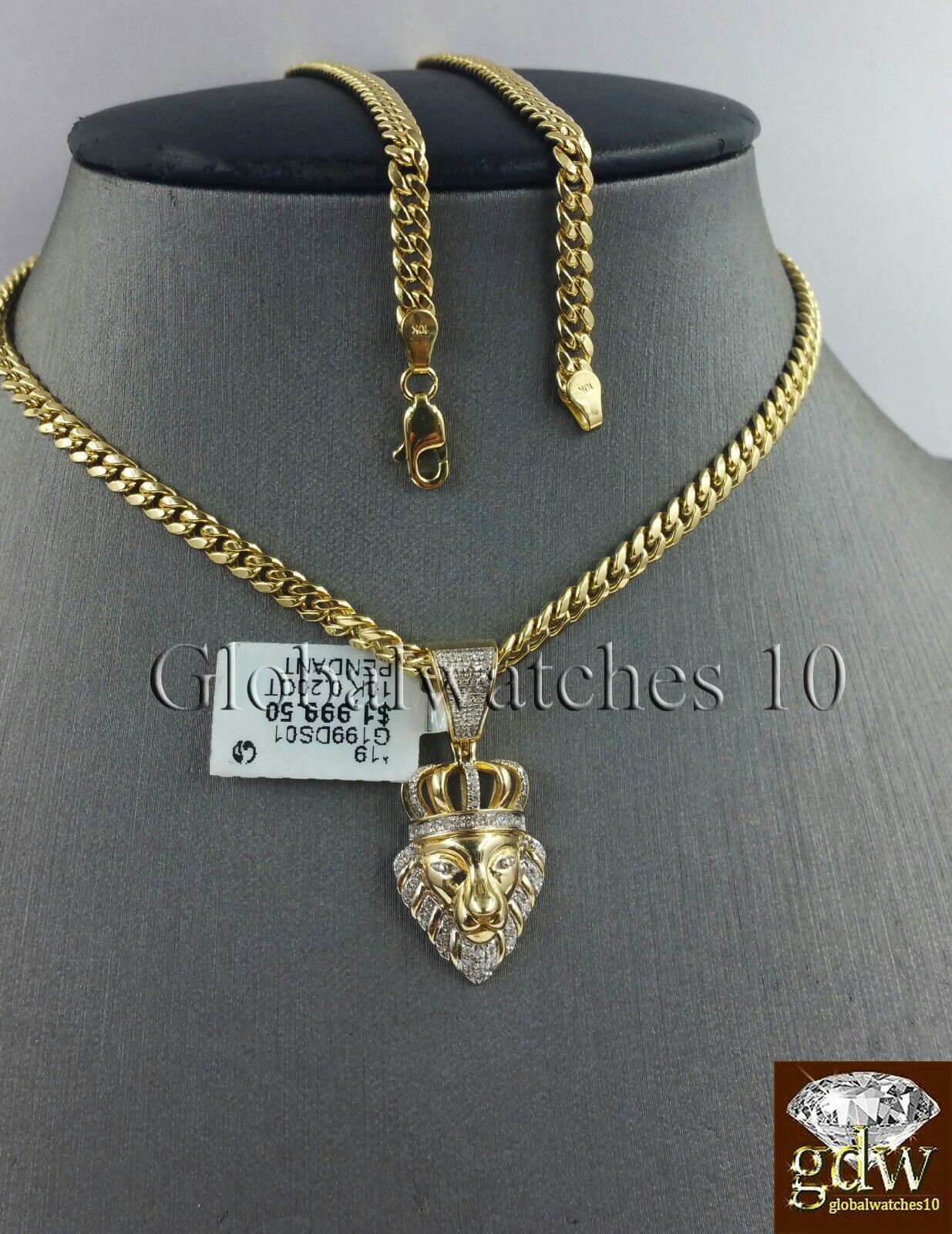10k Gold & Diamond Lion's Head Charm with 26" Inch Miami Cuban Chain Men Real