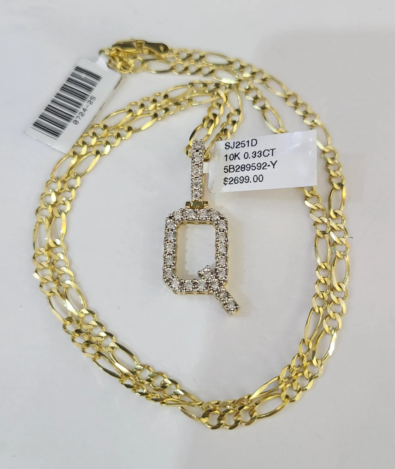 10k Gold Figaro Chain Q Diamond Initial Pendant 3mm 20-28 inch SET Necklace