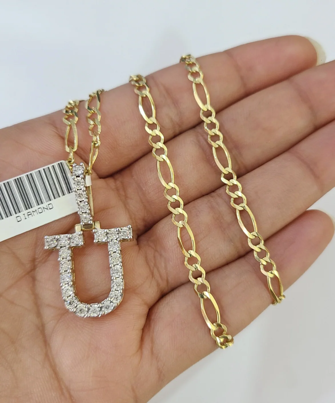 10k Gold Figaro Chain U Diamond Initial Pendant 3mm 20-28 inch SET Necklace