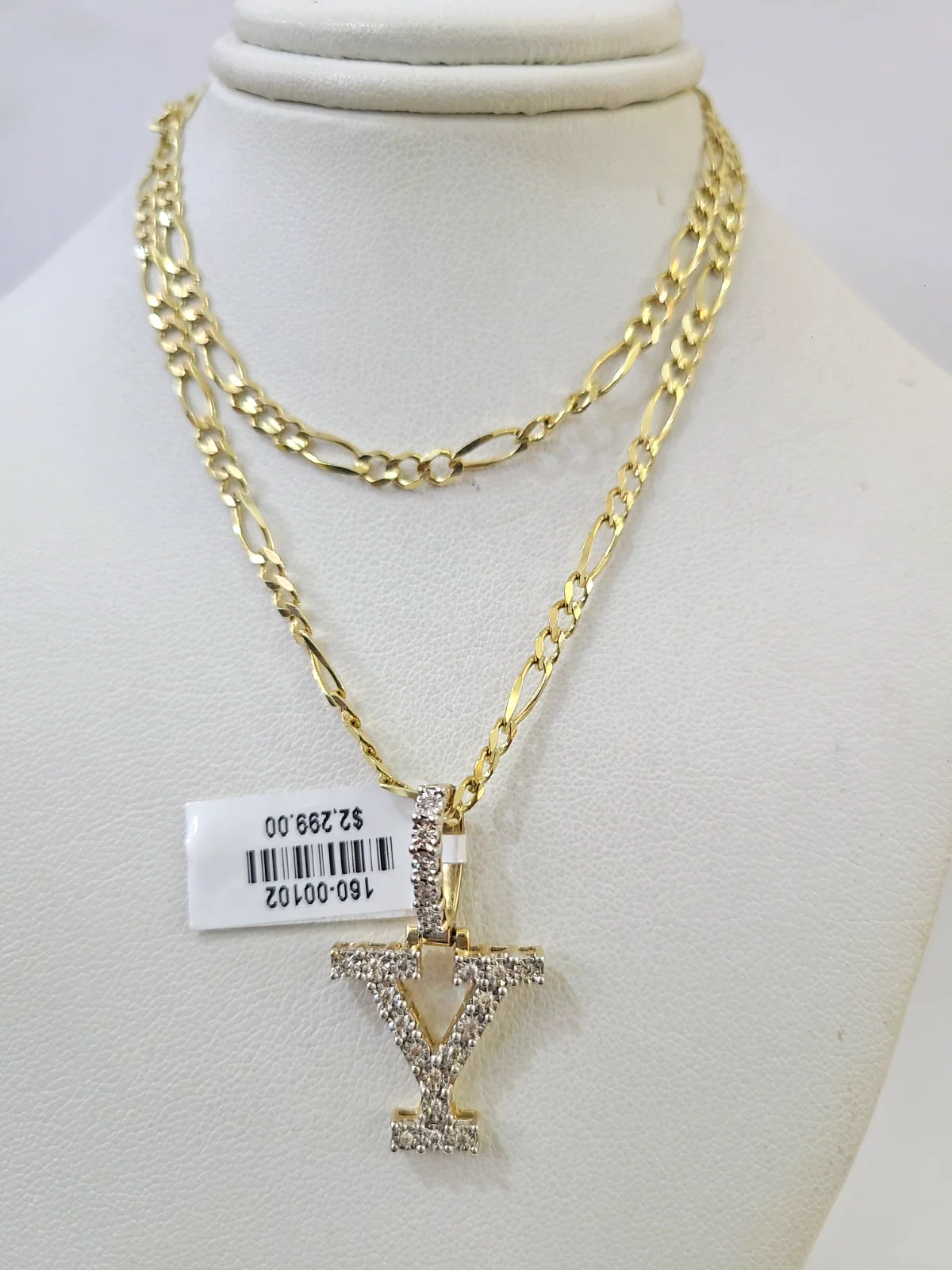 10k Gold Figaro Chain Y Diamond Initial Pendant 3mm 20-28 inch SET Necklace