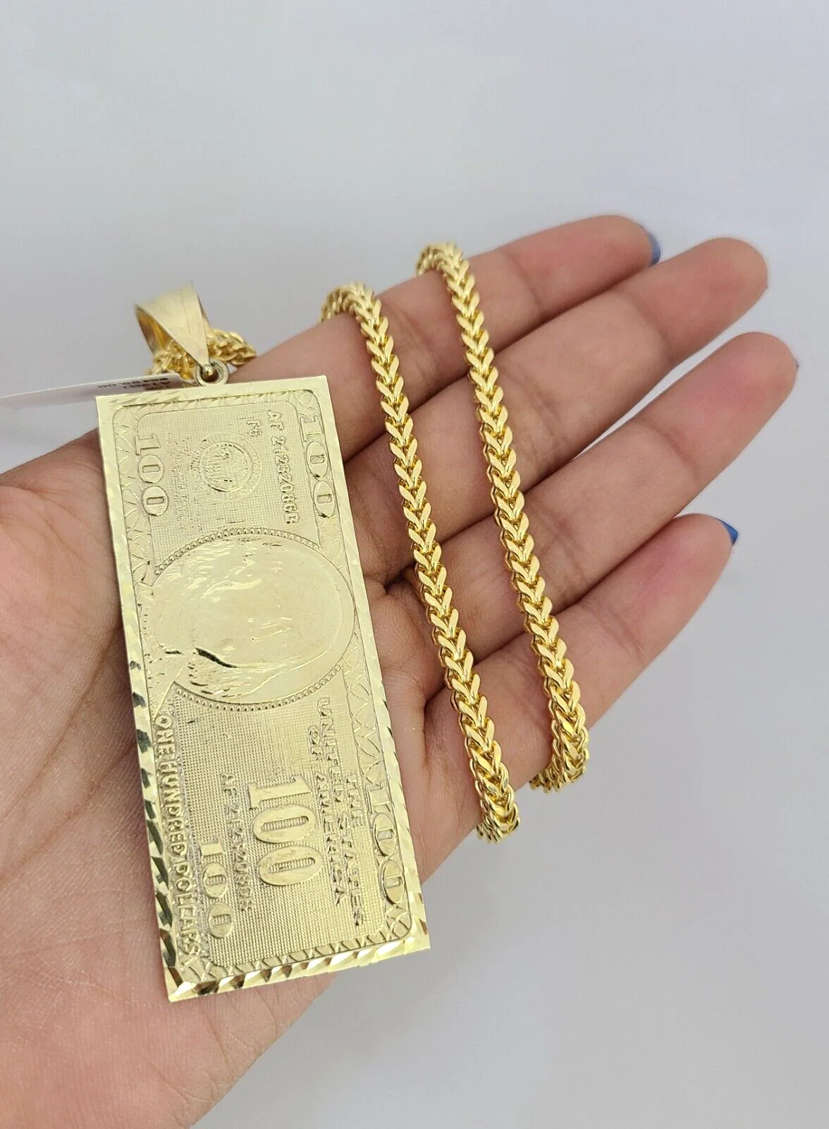 10k Gold Franco Chain 100 Dollar Bill Charm Pendant 4mm 18-28 Inch Necklace - Image 2