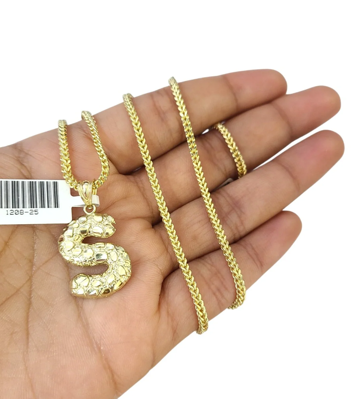 10k Gold Franco Chain 2.5mm 16"-26" S Nugget Initial Charm Pendant Necklace SET