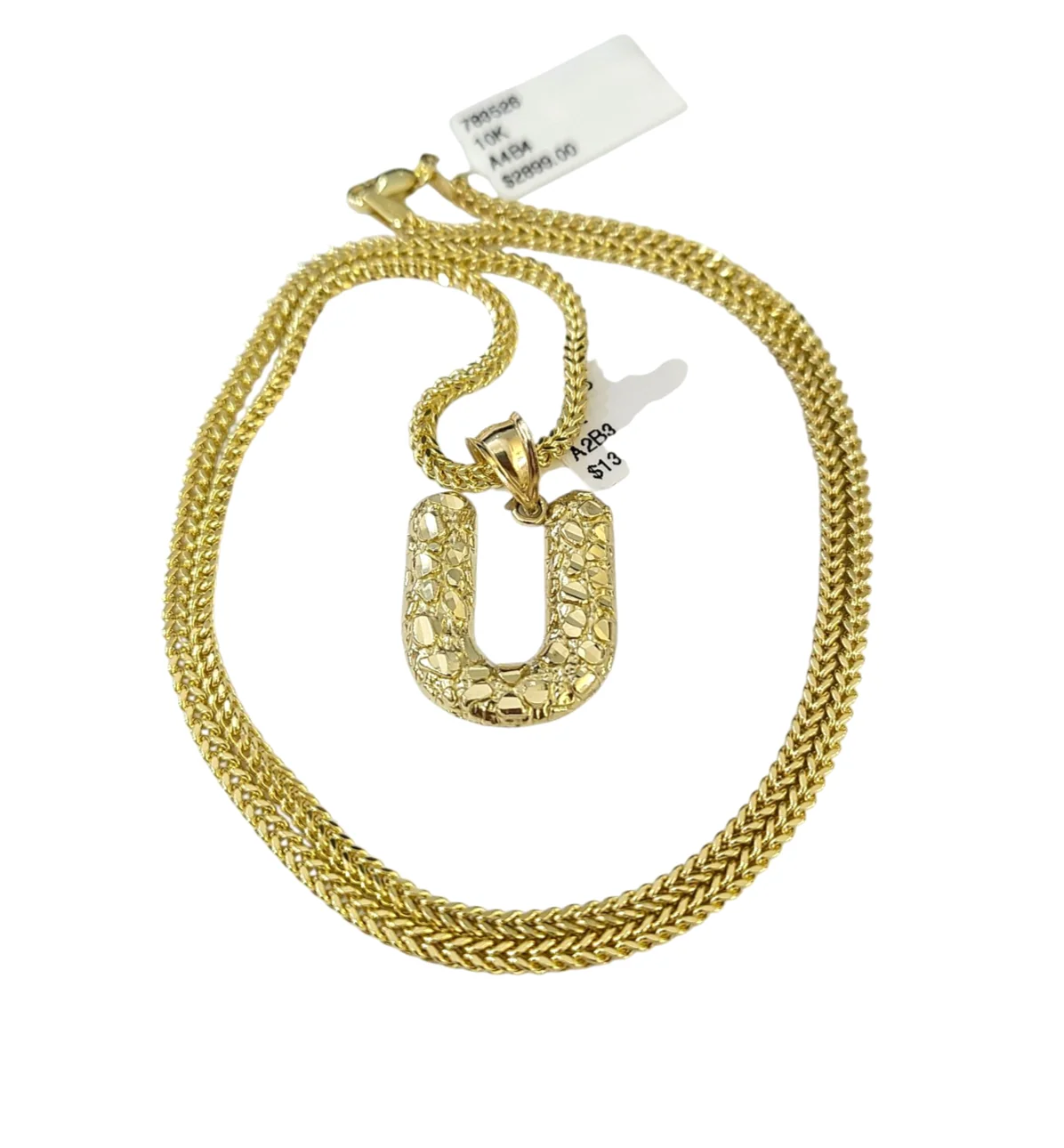 10k Gold Franco Chain 2.5mm U Nugget Initial Charm 16"-26" Pendant Necklace SET