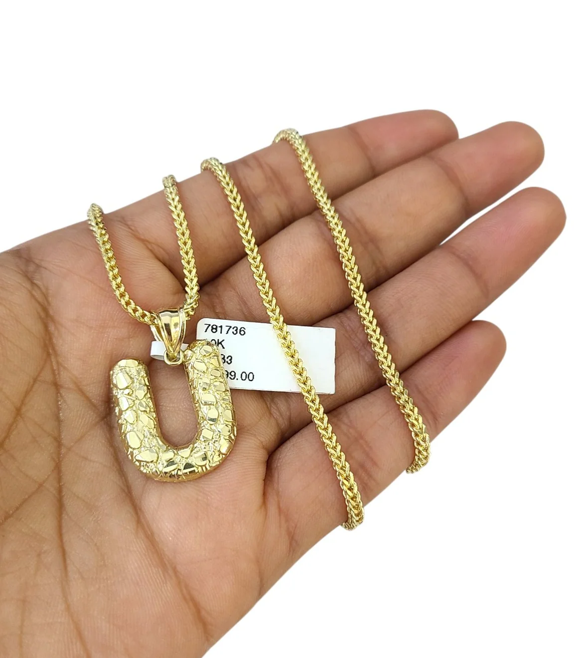 10k Gold Franco Chain 2.5mm U Nugget Initial Charm 16"-26" Pendant Necklace SET - Image 5