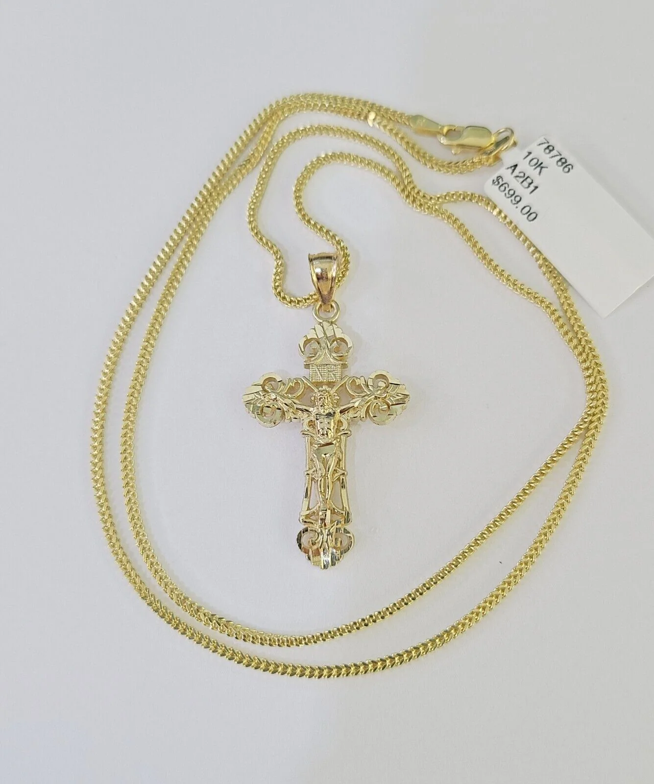10K Gold Franco Chain INRI Cross Charm SET Length 16-20 inches 1mm Ladies Women - Image 6