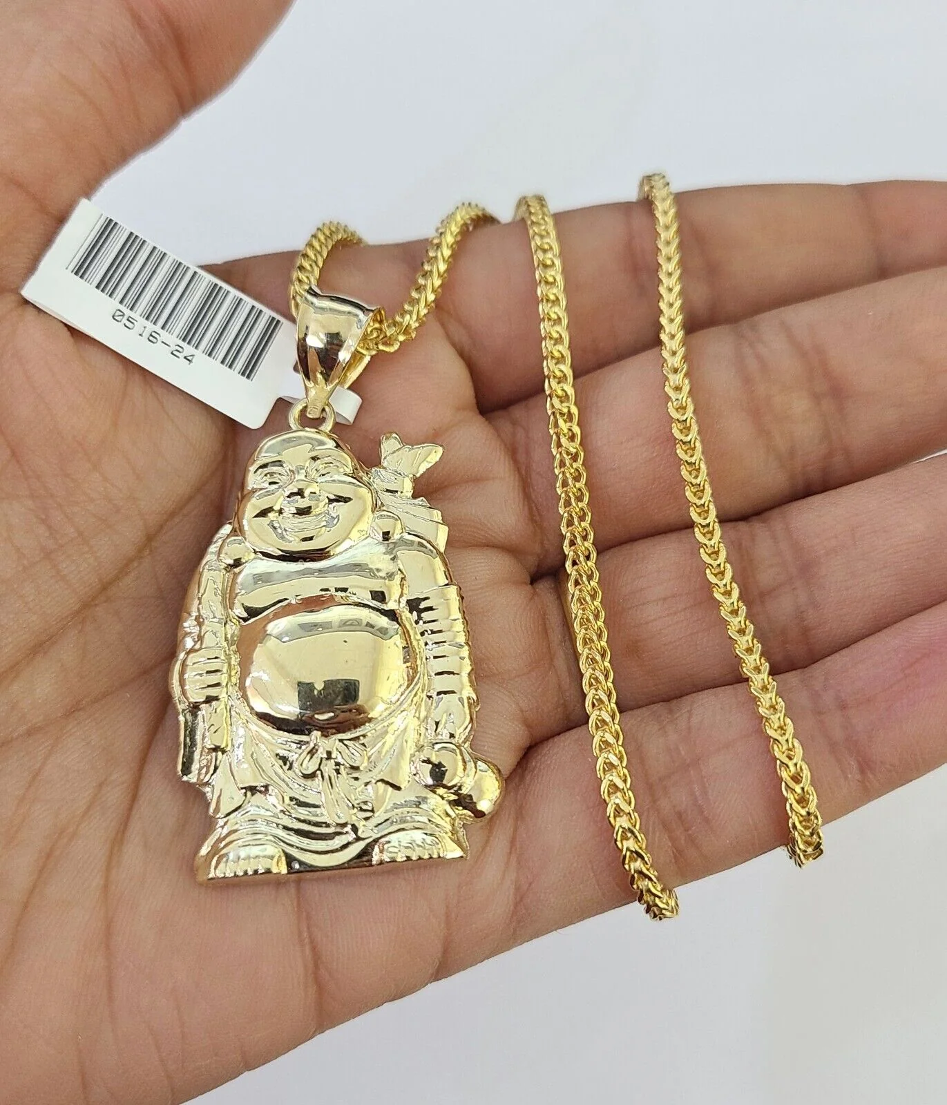 10K Gold Franco Chain Laughing Buddha Charm Pendant 20-26 inches 2.5mm Yellow - Image 3