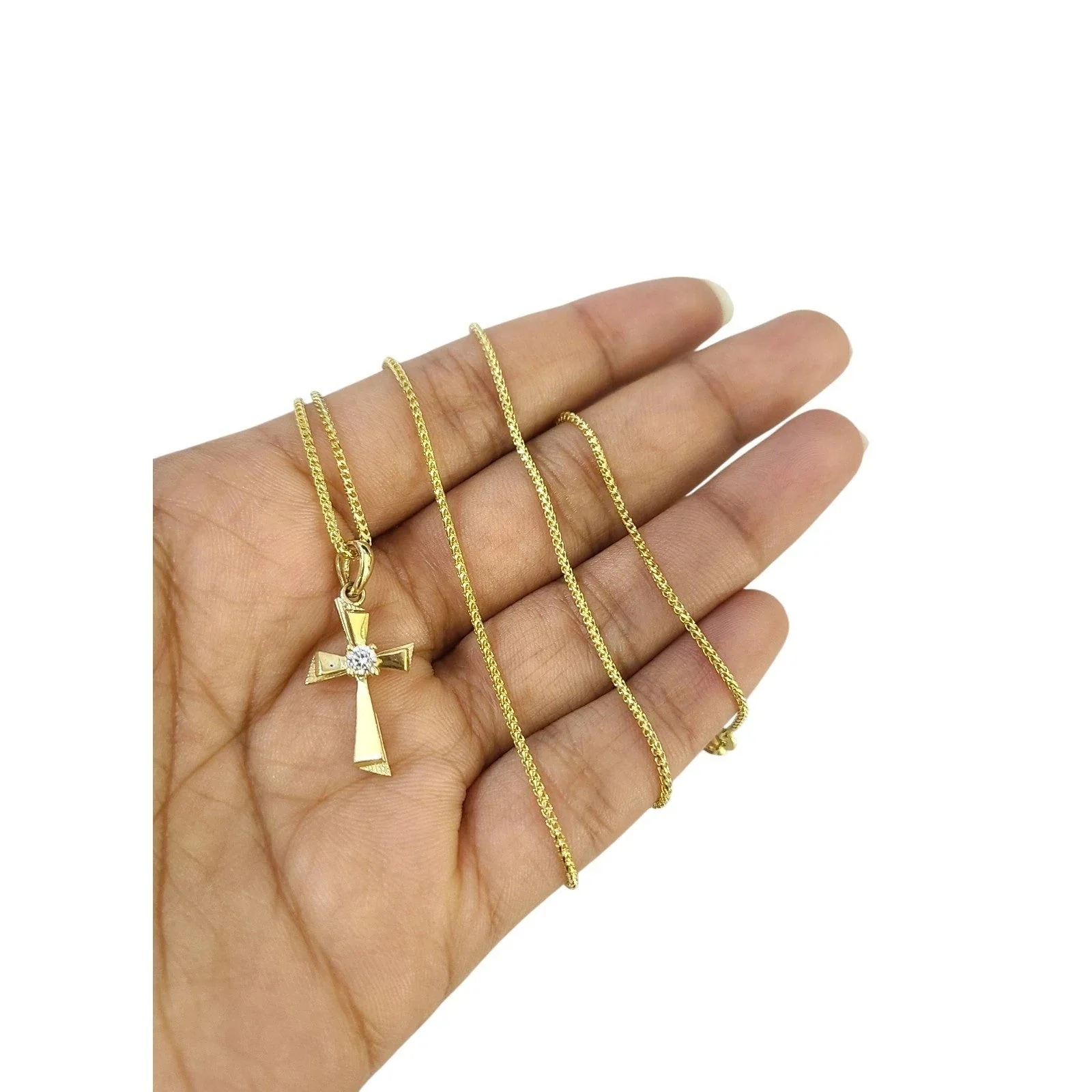 10k Gold Franco Chain Necklace Cz Stone Cross Charm 1mm 16-22 Inches Womens - Image 4