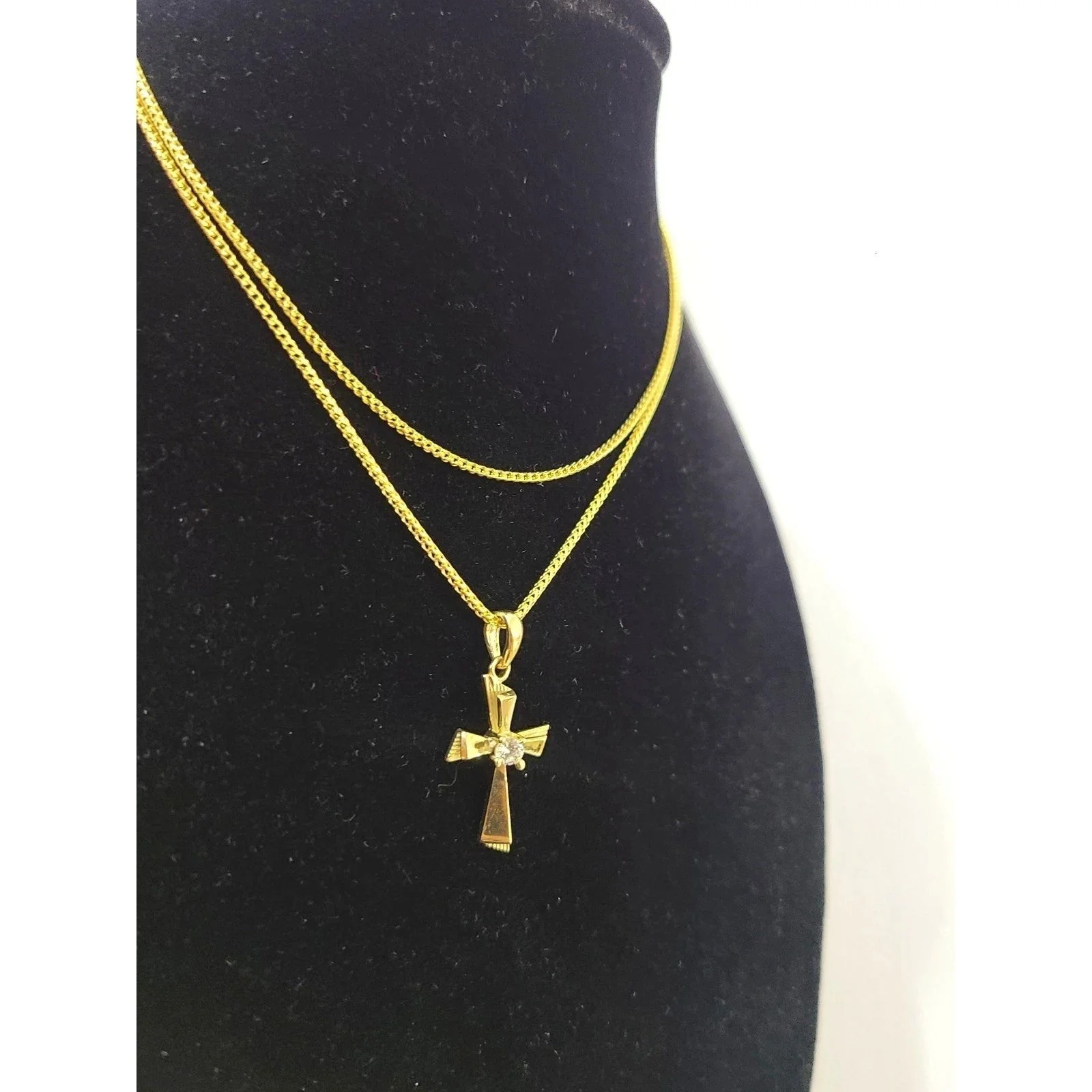 10k Gold Franco Chain Necklace Cz Stone Cross Charm 1mm 16-22 Inches Womens - Image 7