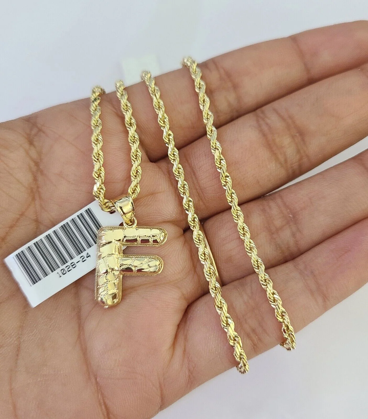 10k Gold Initial F Charm Rope Chain 16"-26" 2.5mm SET Necklace Alphabet Pendant - Image 5