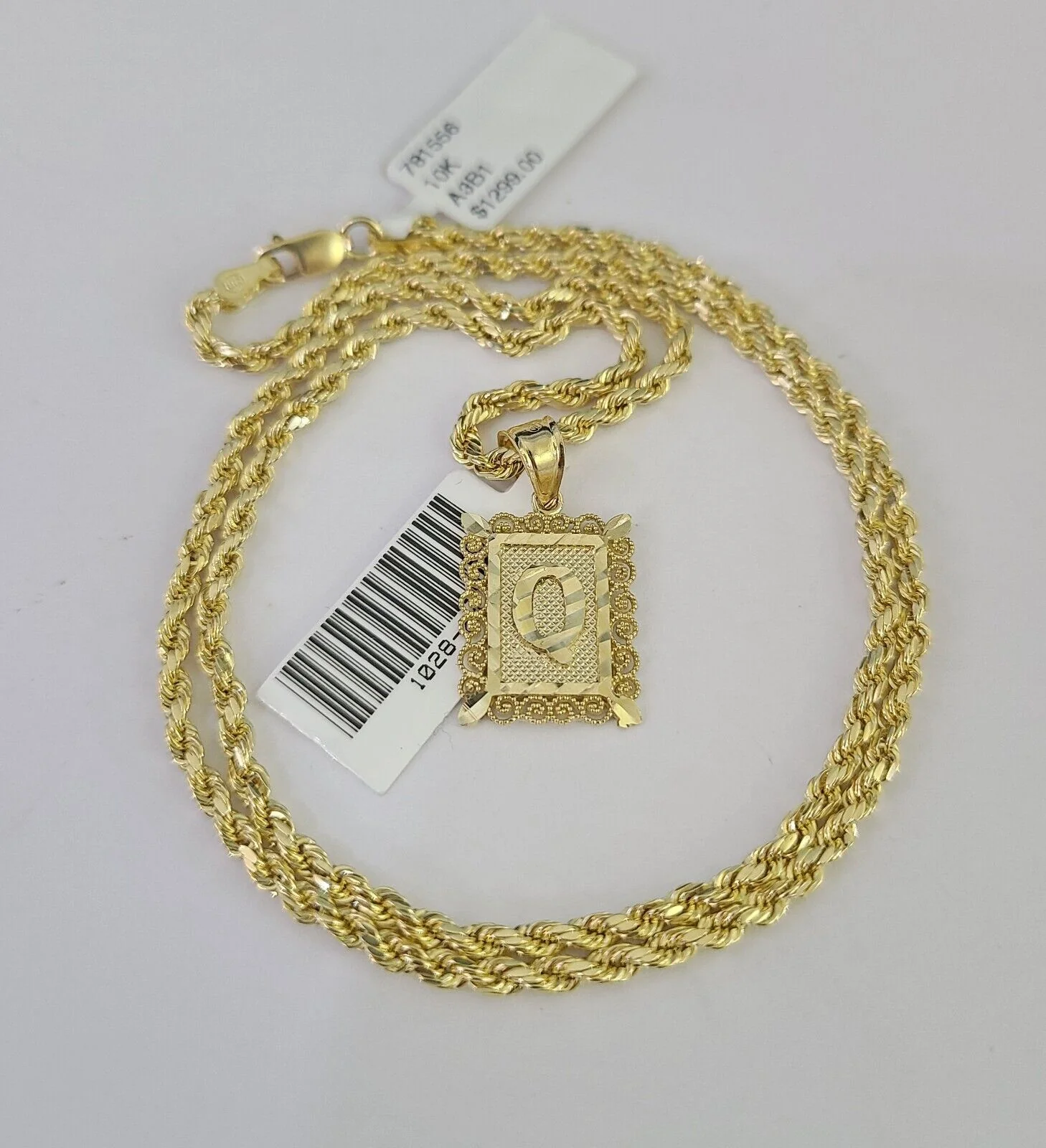 10k Gold Initial Q Charm Rope Chain 16"-26" 2.5mm SET Necklace Alphabet Pendant - Image 3