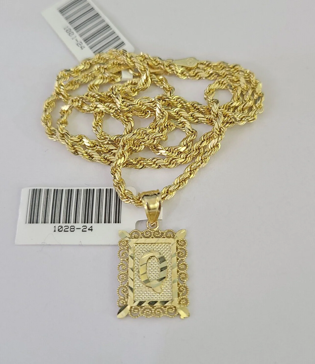 10k Gold Initial Q Charm Rope Chain 16"-26" 2.5mm SET Necklace Alphabet Pendant - Image 5