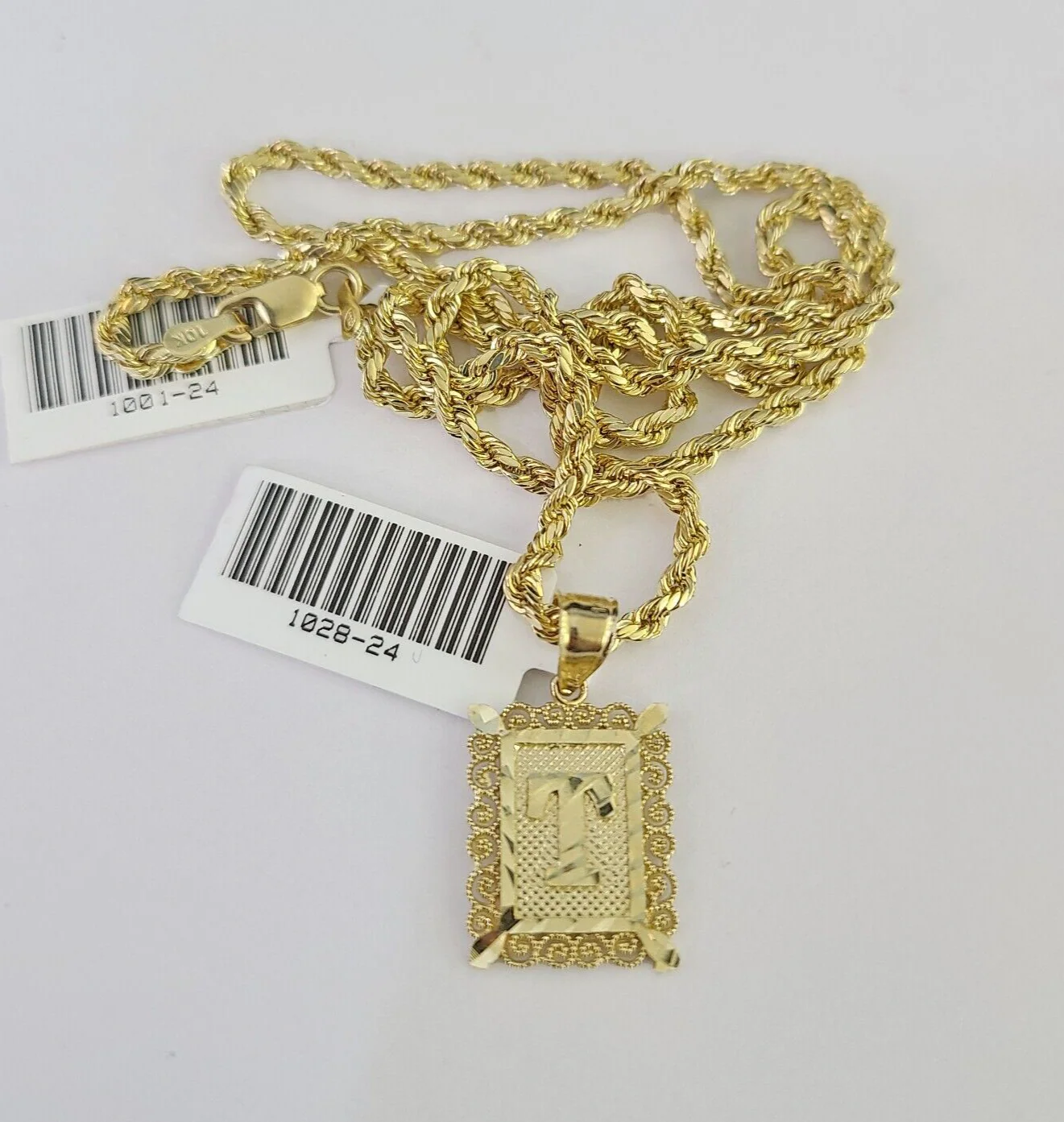 10k Gold Initial T Charm Rope Chain 16"-26" 2.5mm SET Necklace Alphabet Pendant - Image 7