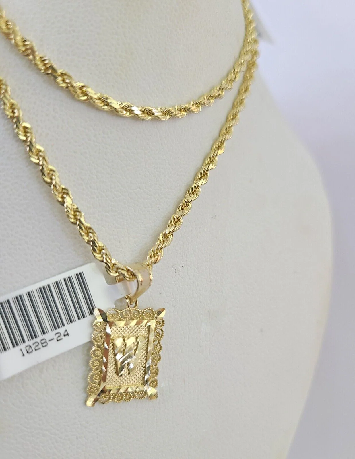 10k Gold Initial W Charm Rope Chain 16"-26" 2.5mm SET Necklace Alphabet Pendant - Image 2