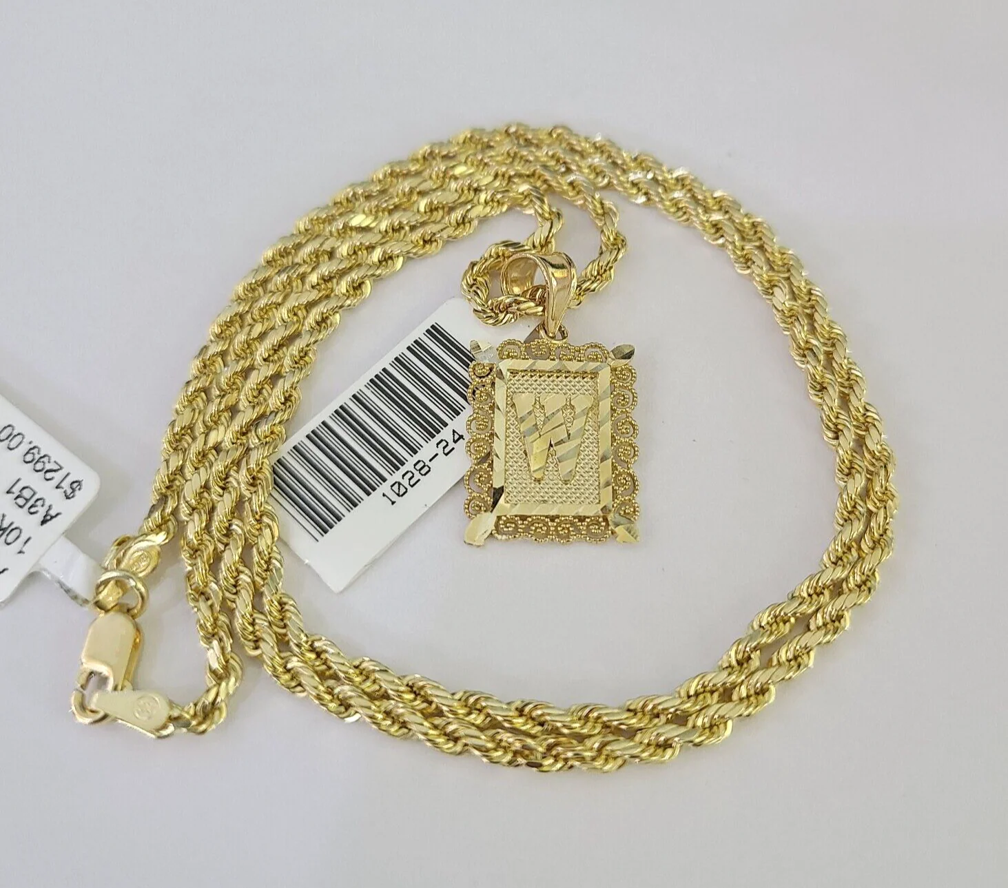 10k Gold Initial W Charm Rope Chain 16"-26" 2.5mm SET Necklace Alphabet Pendant - Image 4